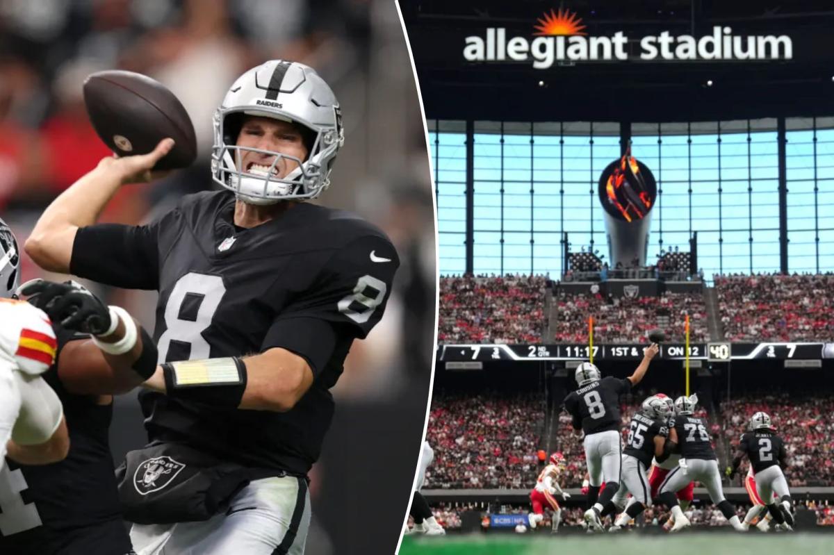 nypost's tweet photo. Raiders-Chiefs showdown scores record-breaking viewership https://t.co/q0Be1Yxx1E https://t.co/y2axpSCGuX