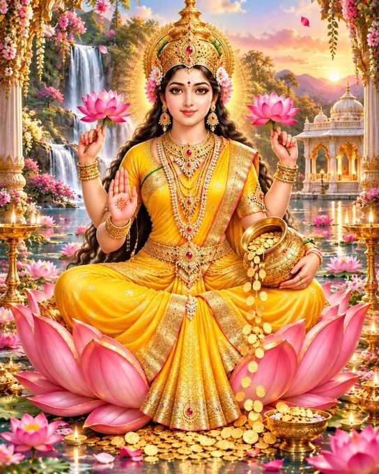 A vibrant illustration of Goddess Lakshmi seated on a pink lotus, adorned in golden attire and jewelry, holding lotus blossoms and a pot overflowing with gold coins, set against a scenic waterfall backdrop.