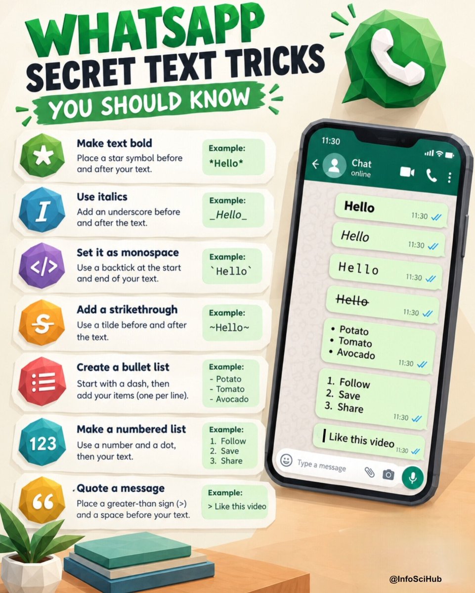 InfoSciHub's tweet photo. WHATSAPP SECRET TEXT TRICKS https://t.co/mBlLJSe1yD