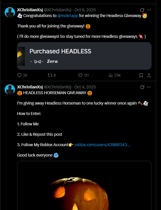 RealHeadlessGiv's tweet photo. Yes, this is a real giveaway. 

He has hosted giveaways before and actually announced winners. (He is better known for the amount of Robux he has donated in Pls Donate!)

I can verify that one of their previous winners actually has a headless.
https://t.co/T7a2hINNaV https://t.co/cttBZPNP0y