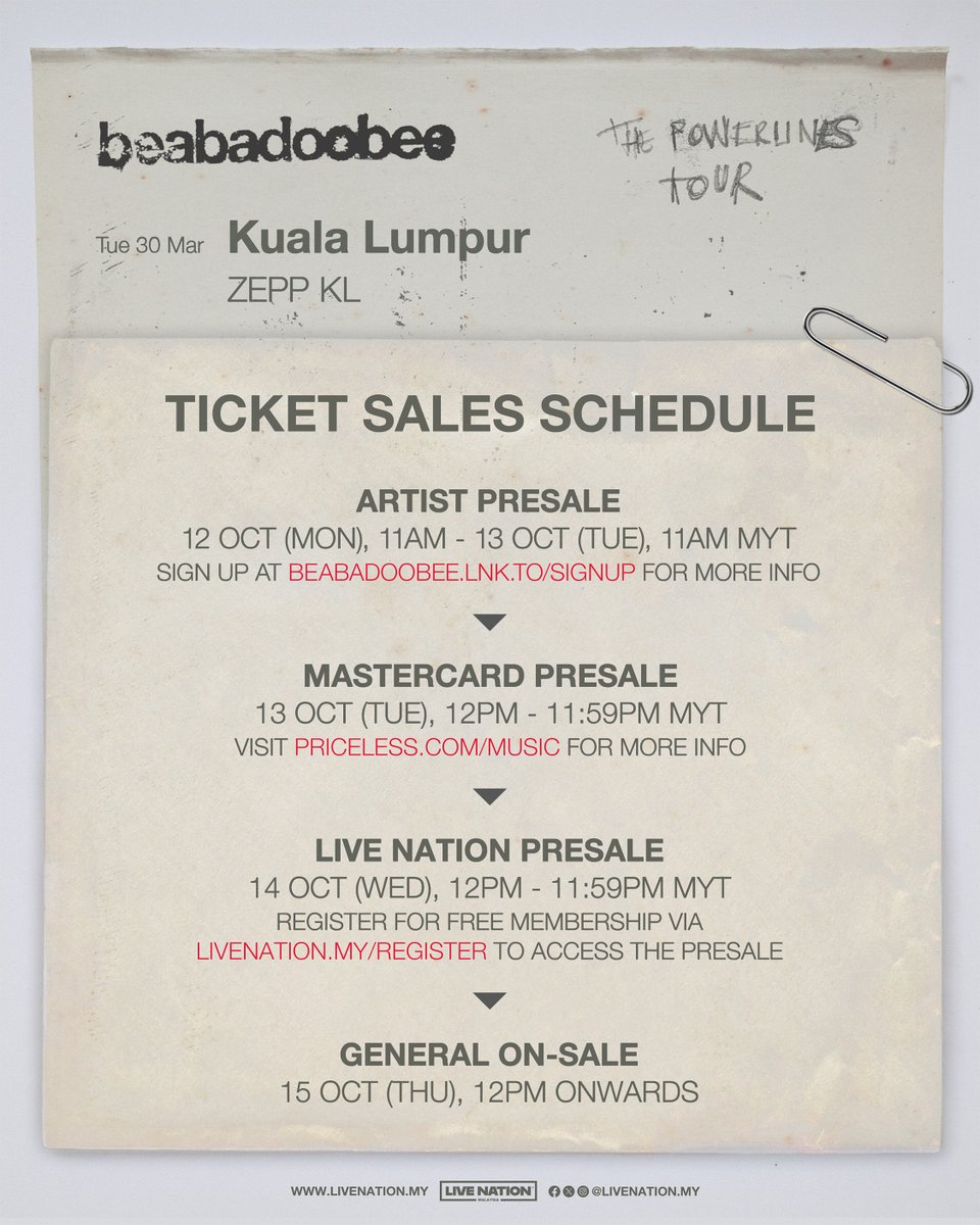 livenationmy's tweet photo. Malaysia, we think we’ve found the 𝙥𝙚𝙧𝙛𝙚𝙘𝙩 𝙥𝙖𝙞𝙧 for you ❤️ @beabad00bee is bringing 𝐓𝐡𝐞 𝐏𝐨𝐰𝐞𝐫𝐥𝐢𝐧𝐞𝐬 𝐓𝐨𝐮𝐫 to Malaysia! 🎸✨

Get ready to sing along and make new 𝙈𝙚𝙢𝙤𝙧𝙞𝙚𝙨 as she takes the stage in Kuala Lumpur this March 2027 ❤️‍🔥

𝐛𝐞𝐚𝐛𝐚𝐝𝐨𝐨𝐛𝐞𝐞: 𝐓𝐡𝐞 𝐏𝐨𝐰𝐞𝐫𝐥𝐢𝐧𝐞𝐬 𝐓𝐨𝐮𝐫
📅 30 March 2027 (TUES)
📍 Zepp KL
🎫 https://t.co/uJRDeSonbZ / GoLive Ticketing App

Save the dates!

🎫 𝐀𝐫𝐭𝐢𝐬𝐭 𝐏𝐫𝐞𝐬𝐚𝐥𝐞: Mon, 12 Oct, 11am - Tues, 13 Oct, 11am
Sign up at https://t.co/09SlDlBnff for presale code!

🎟 𝐌𝐚𝐬𝐭𝐞𝐫𝐜𝐚𝐫𝐝 𝐏𝐫𝐞𝐬𝐚𝐥𝐞: Tues, 13 Oct, 12pm-11:59pm
Visit https://t.co/Cm8RQNnfBw to find out more.⁠

🎟️ 𝐋𝐢𝐯𝐞 𝐍𝐚𝐭𝐢𝐨𝐧 𝐏𝐫𝐞𝐬𝐚𝐥𝐞: Wed, 14 Oct, 12pm - 11:59pm
Register for a FREE membership via https://t.co/sKqZUmSQSn to access the presale!

🎫 𝐆𝐞𝐧𝐞𝐫𝐚𝐥 𝐎𝐧-𝐒𝐚𝐥𝐞: Thurs, 15 Oct, 12pm onwards.

Tickets start from RM328 onwards.
*For more details, visit https://t.co/yVSLse59OW

#beabadoobee #beabadoobeeinKL #ThePowerlinesTour #KLHeadlineSeason #LiveNationMY