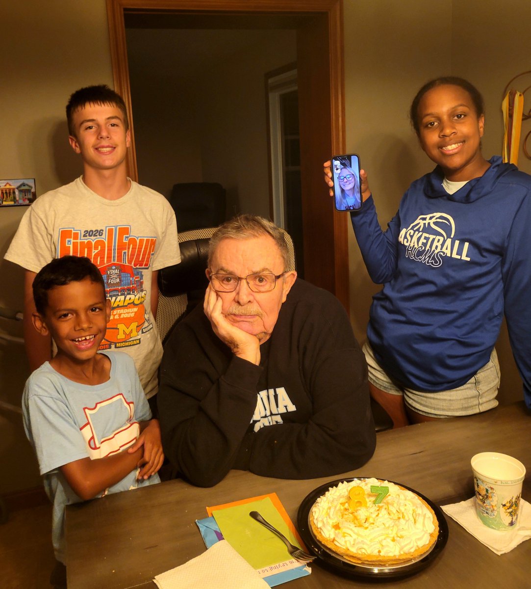 CoachSless's tweet photo. Was blessed to have my Dad at the house today to celebrate his 87th birthday!!!  We had a great night.  He got to get a picture with all his grandkids, supervise me on the grill, have a cold beer &amp; some coconut cream pie. Love you Dad. https://t.co/Cy22D7Lgmb