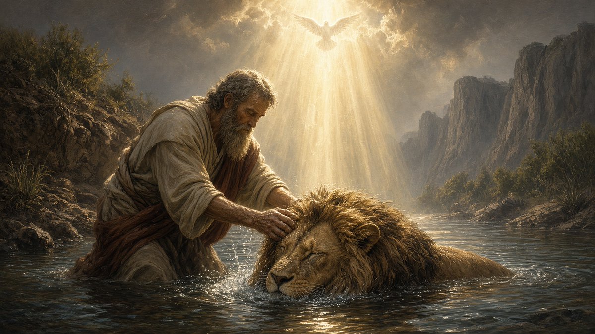 TheoticLight's tweet photo. Angels broke Paul out of Prison, not to help him escape, but to baptize some of his Followers, and then returned him to his Chains before a single Guard noticed he'd ever been gone.

The Acts Of Paul records it directly, while imprisoned at Ephesus under the Governor Hieronymus, awaiting Death by Wild Beasts, Angels appeared to Paul carrying spears that illuminated the entire Darkness with their own Inner Brilliance.

By that Power, his Fetters simply loosed, and he was led down to the Sea to baptize his Followers properly, before being brought back to his Cell and his Chains refastened, utterly undetected by the Men guarding him.

Then came the Arena, Hieronymus turned Paul loose before a Crowd of Wild Beasts and Lions specifically gathered to kill him.

According to the Text, one Lion released against him was the very Lion Paul himself had personally baptized Years earlier in the Wilderness outside of Damascus, and the two of them recognized each other instantly and the Lion refused to harm the Apostle Paul.

Furious, Hieronymus sent more Beasts and Archers against them both.

God answered with Divine Judgment from the Sky itself: a sudden, violent Hailstorm fell from Heaven, crushing the heads of Men and Animals across the entire Arena, killing many immediately!

The Hail itself tore off Hieronymus's own ear in the middle of all of the Chaos, and the Governor, struck down in the middle of his own Persecution, converted on the spot alongside his Followers and received Baptism.

Not one Hailstone touched Paul or the Lion standing beside him.

When the Storm finally passed, Paul and the Lion parted ways peacefully, the Lion returning freely to the Mountains, and Paul sailing onward to Macedonia, untouched by Beast or Heaven's own Hail alike.