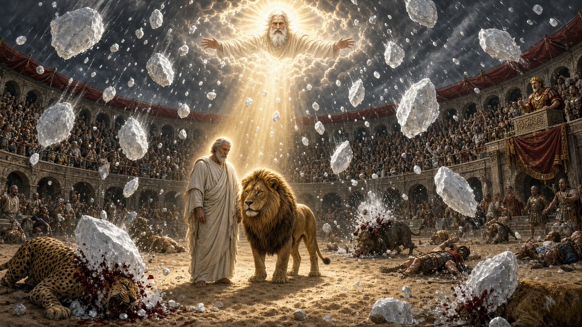 TheoticLight's tweet photo. Angels broke Paul out of Prison, not to help him escape, but to baptize some of his Followers, and then returned him to his Chains before a single Guard noticed he'd ever been gone.

The Acts Of Paul records it directly, while imprisoned at Ephesus under the Governor Hieronymus, awaiting Death by Wild Beasts, Angels appeared to Paul carrying spears that illuminated the entire Darkness with their own Inner Brilliance.

By that Power, his Fetters simply loosed, and he was led down to the Sea to baptize his Followers properly, before being brought back to his Cell and his Chains refastened, utterly undetected by the Men guarding him.

Then came the Arena, Hieronymus turned Paul loose before a Crowd of Wild Beasts and Lions specifically gathered to kill him.

According to the Text, one Lion released against him was the very Lion Paul himself had personally baptized Years earlier in the Wilderness outside of Damascus, and the two of them recognized each other instantly and the Lion refused to harm the Apostle Paul.

Furious, Hieronymus sent more Beasts and Archers against them both.

God answered with Divine Judgment from the Sky itself: a sudden, violent Hailstorm fell from Heaven, crushing the heads of Men and Animals across the entire Arena, killing many immediately!

The Hail itself tore off Hieronymus's own ear in the middle of all of the Chaos, and the Governor, struck down in the middle of his own Persecution, converted on the spot alongside his Followers and received Baptism.

Not one Hailstone touched Paul or the Lion standing beside him.

When the Storm finally passed, Paul and the Lion parted ways peacefully, the Lion returning freely to the Mountains, and Paul sailing onward to Macedonia, untouched by Beast or Heaven's own Hail alike.