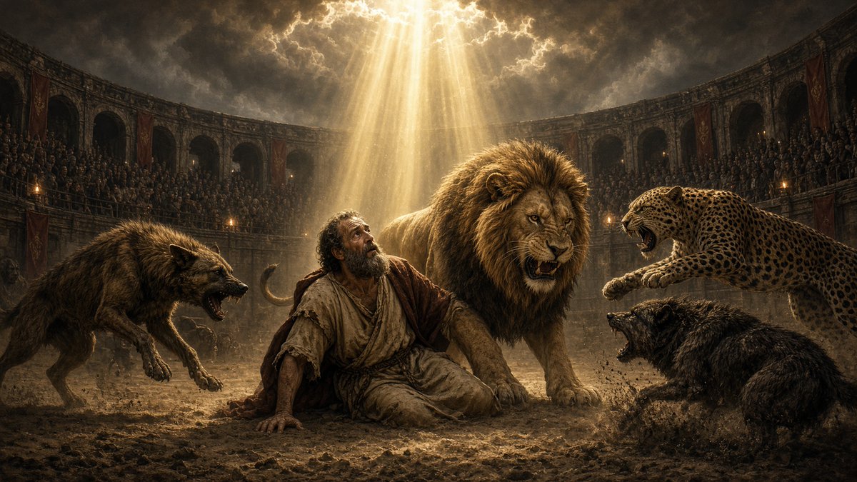 TheoticLight's tweet photo. Angels broke Paul out of Prison, not to help him escape, but to baptize some of his Followers, and then returned him to his Chains before a single Guard noticed he'd ever been gone.

The Acts Of Paul records it directly, while imprisoned at Ephesus under the Governor Hieronymus, awaiting Death by Wild Beasts, Angels appeared to Paul carrying spears that illuminated the entire Darkness with their own Inner Brilliance.

By that Power, his Fetters simply loosed, and he was led down to the Sea to baptize his Followers properly, before being brought back to his Cell and his Chains refastened, utterly undetected by the Men guarding him.

Then came the Arena, Hieronymus turned Paul loose before a Crowd of Wild Beasts and Lions specifically gathered to kill him.

According to the Text, one Lion released against him was the very Lion Paul himself had personally baptized Years earlier in the Wilderness outside of Damascus, and the two of them recognized each other instantly and the Lion refused to harm the Apostle Paul.

Furious, Hieronymus sent more Beasts and Archers against them both.

God answered with Divine Judgment from the Sky itself: a sudden, violent Hailstorm fell from Heaven, crushing the heads of Men and Animals across the entire Arena, killing many immediately!

The Hail itself tore off Hieronymus's own ear in the middle of all of the Chaos, and the Governor, struck down in the middle of his own Persecution, converted on the spot alongside his Followers and received Baptism.

Not one Hailstone touched Paul or the Lion standing beside him.

When the Storm finally passed, Paul and the Lion parted ways peacefully, the Lion returning freely to the Mountains, and Paul sailing onward to Macedonia, untouched by Beast or Heaven's own Hail alike.