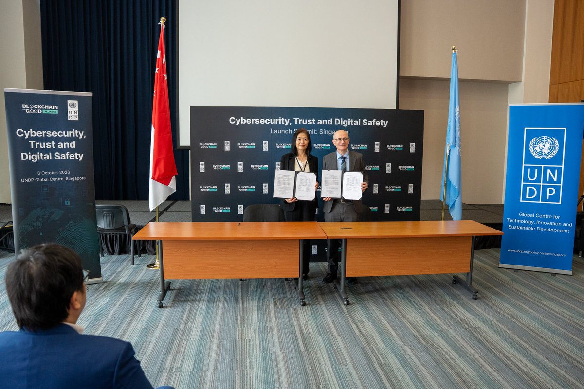 ChainforGood's tweet photo. Yesterday in Singapore, BGA and @UNDP signed a two-year partnership on cybersecurity for the UN system and the governments it serves.

Signed at the UNDP Global Centre, witnessed by @EdwardVrkic, UNDP’s Resident Representative to Malaysia, Singapore and Brunei Darussalam and BGA Founder, @helen_moledao. 

It was followed by a panel on securing digital trust, where Edward and Helen were joined by @RPasicko, Lead of @UNDP_AltFinLab , @MMajauskas, Global Head of Policy at @Bybit_Official and moderated by our Director of Global Affairs, @jg13nn.

Our thanks to our partners at UNDP, to the officials and partners who joined us, and to everyone who made the official launch summit possible.

The work of the Alliance continues. 🇸🇬