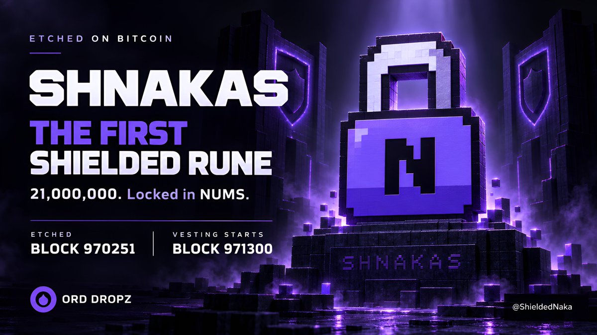 Ob1_Wan_Satoshi's tweet photo. The first shielded rune was etched on Block 970251. 🔒

All 21M $ SHNAKAS are locked in the same NUMS parking address as the Nakas.

Rewards will be released weekly into your Shielded Vault wallet for holding unlisted Nakas.

Distribution period and full details coming soon. https://t.co/Umnnu45lGu