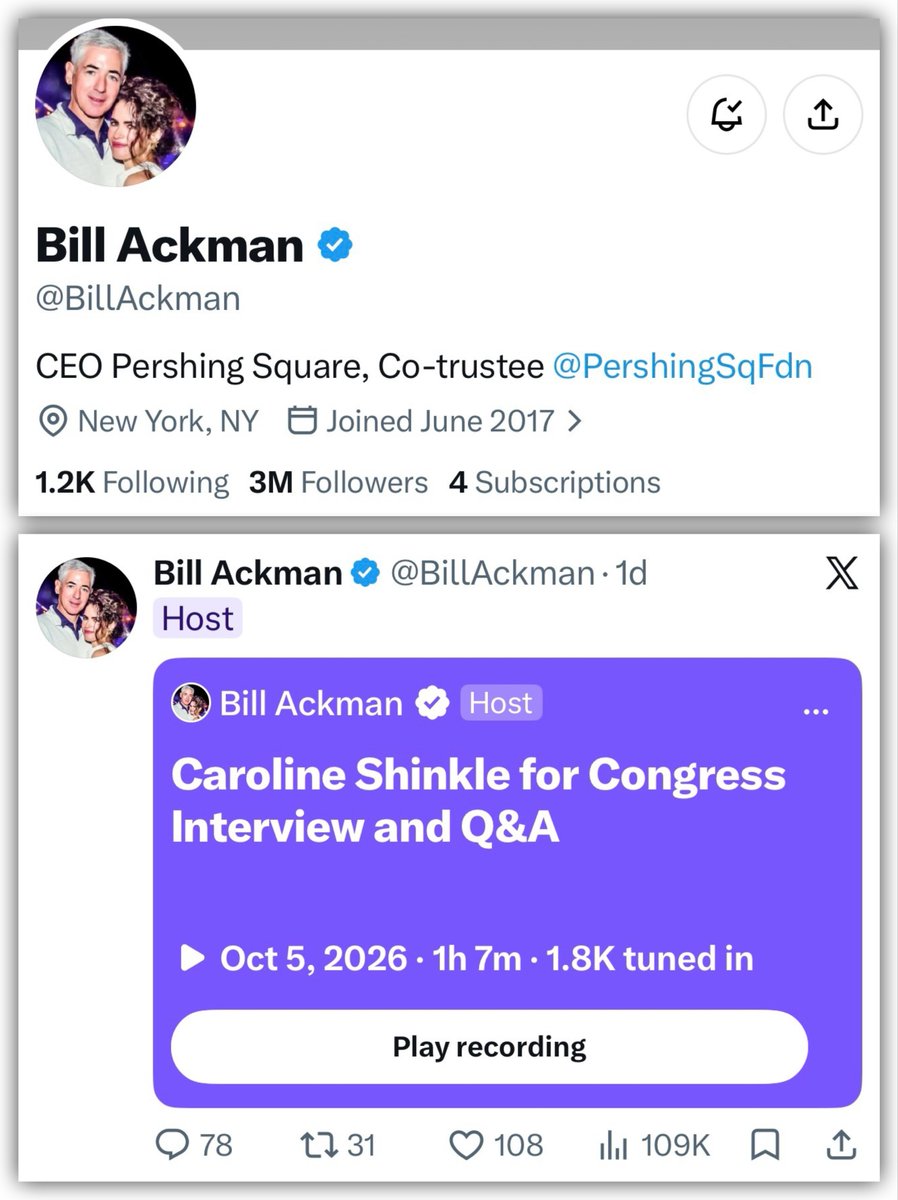 GenXGirl1994's tweet photo. Bill Ackman with his 3 million followers tried to flex by hosting a Space for his Israel lobby bought candidate for Congress….only 1800 people tuned in. 😂 https://t.co/sthVnaBm1R