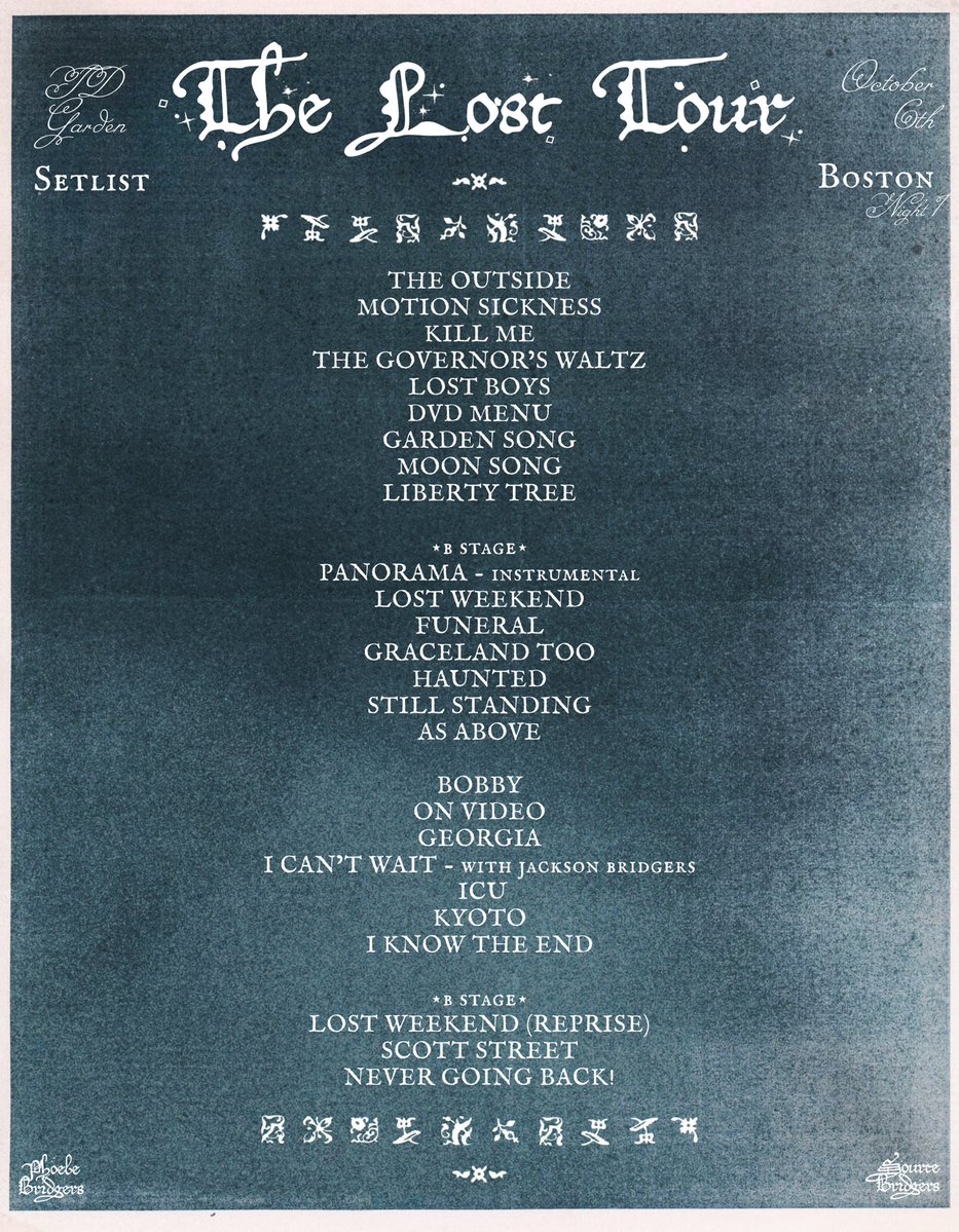 sourcebridgers's tweet photo. PHOEBE BRIDGERS SETLIST FOR THE LOST TOUR BOSTON, NIGHT ONE🩵💫 The surprise song tonight was ICU! https://t.co/M99KX2DFAV