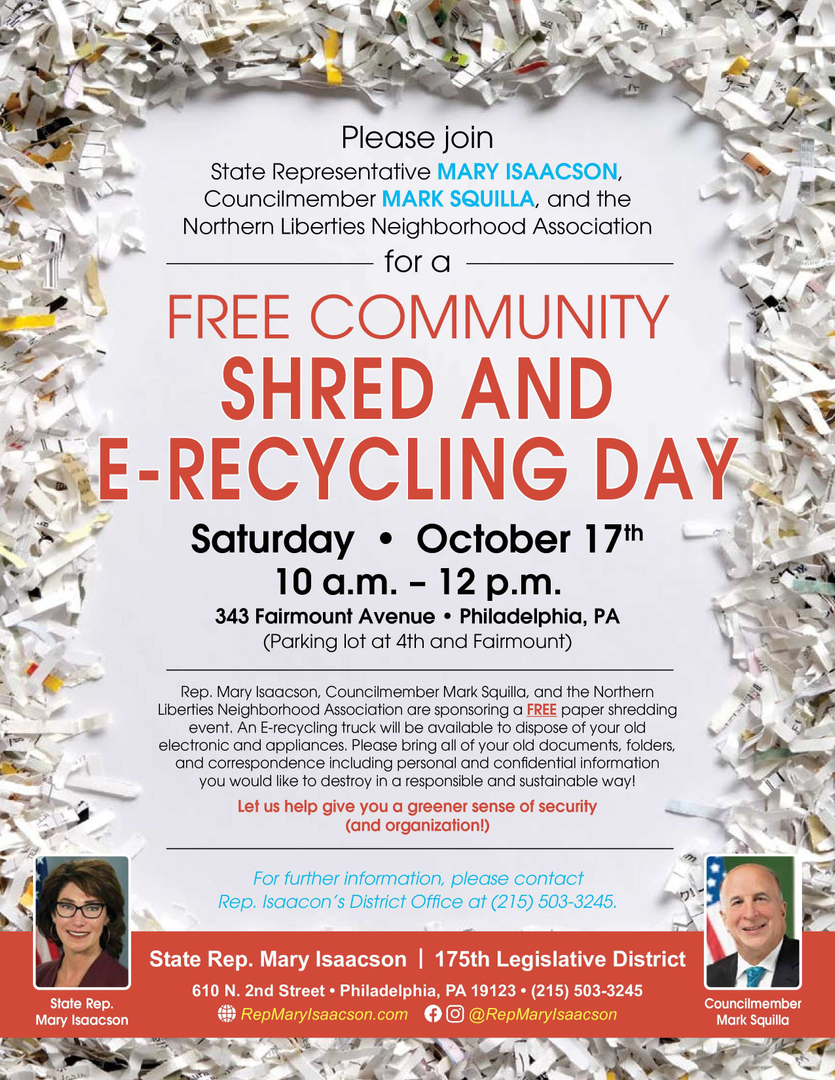 marksquillaphl's tweet photo. Got old appliances collecting dust? Don’t send them to the landfill! ♻️

Join me, @RepMaryIsaacson &amp; @TheNLNA on October 17 for a free Shred &amp; E-Cycling Day. Bring any electronics/personal documents for safe, sustainable disposal.

🚨 Questions? Call (215) 503-3245 for more info. https://t.co/mmNyq14uaS