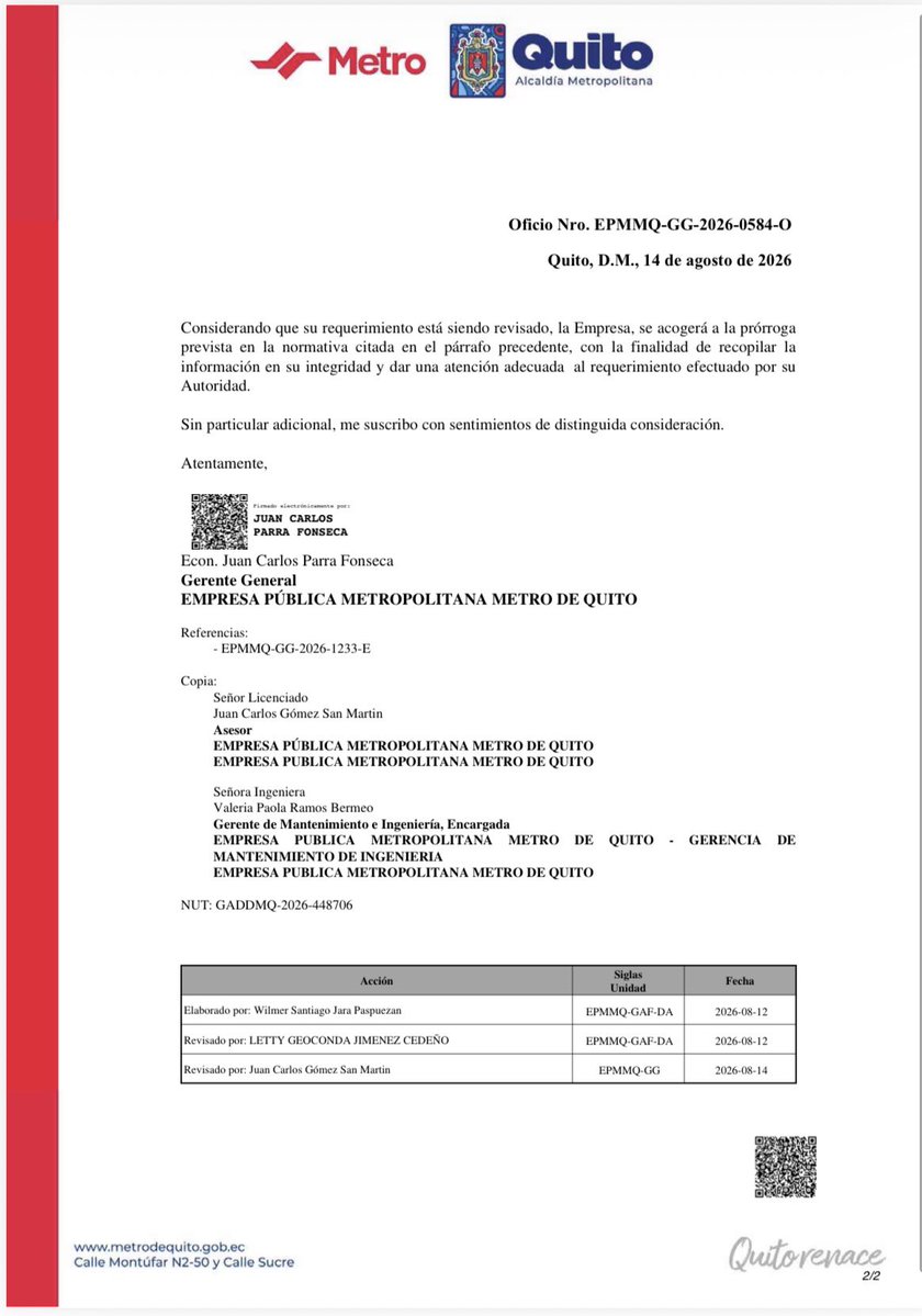 janethinostroza's tweet photo. ¿Ya están haciendo los trabajos de mantenimiento de las rieles y otros sistemas del Metro de Quito? 

Todo parece indicar que NO.  

Resulta que el Consorcio Ferroviario Metro de Quito, ganador del contrato de mantenimiento del Metro, no ha confirmado si cuenta con la maquinaria y equipo especializado para hacer los trabajos de auscultación, reparación, corrección, etc., a los que se comprometió en el contrato firmado el pasado 5 de Junio. 

El 5 de Agosto el Concejal Andrés Campaña envió un oficio a la gerencia de la Empresa Metro de Quito, haciendo esta precisa consulta. Hasta el momento no contestan. 

¿Por qué no contestan? 

Si el Consorcio Ferroviario no cuenta con los equipos y maquinaria para cumplir con el contrato ¿cómo ganó el contrato? 

Informes técnicos confirman que: 

- hay rieles con puntos desgastados 
- hay rieles pandeadas
- hay soldaduras de las rieles desprendidas. 
- hay ruedas desgastadas antes de tiempo, a causa de las fallas en las rieles. 

Las labores de reparación y mantenimiento son imprescindibles. 

Un dato adicional: En el último informe de gestión de la Empresa Metro de Quito, se reporta cero pagos al Consorcio Ferroviario. 

¿Será que no les han pagado, porque no han hecho su trabajo? 

Si el Metro sigue sin mantenimiento, el riesgo de que haya un accidente es inmenso. 

Ay Pabel 😰… otra promesa incumplida. 

@ContraloriaECU 
@MunicipioQuito 
@ConcejoQuito 
@visionariasec 
@campanaUIO