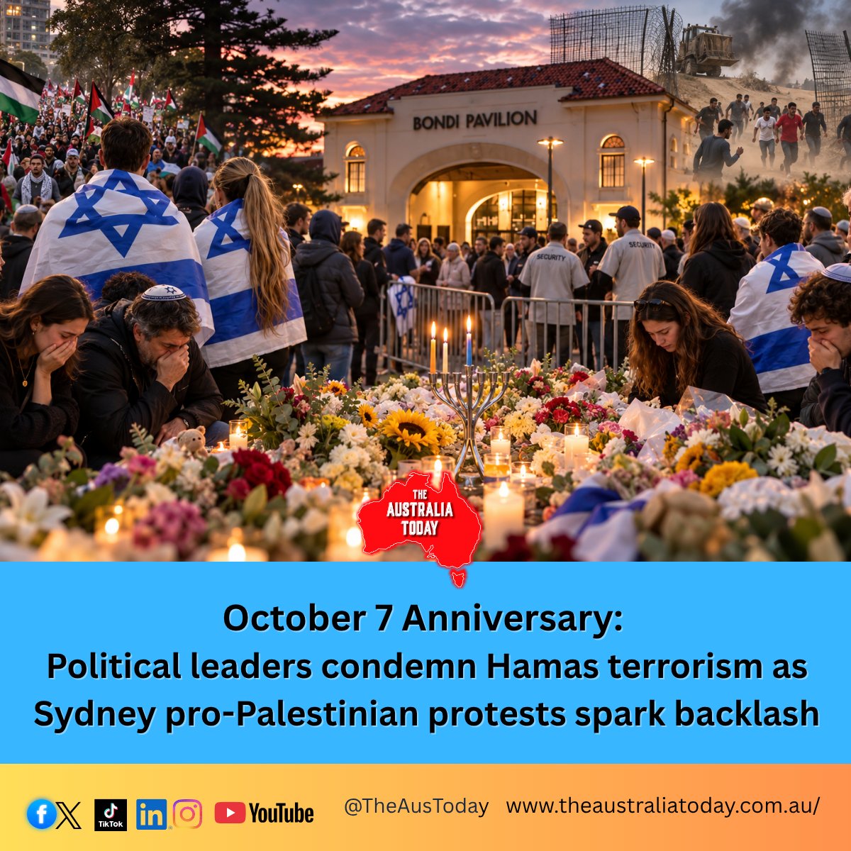 TheAusToday's tweet photo. 🇦🇺 Australia is marking the anniversary of the October 7 Hamas-led terrorist attacks on Israel, as political leaders remember those killed, abducted and traumatised — while planned pro-Palestinian demonstrations in Sydney face sharp criticism.

Read the full story here 🔗👇
https://t.co/WatJJLIyJ5

One Nation leader @PaulineHansonOz  and Opposition Leader @AngusTaylorMP paid tribute to the victims and condemned terrorism and antisemitism.

NSW Premier @ChrisMinnsMP described demonstrations planned for the anniversary as “heartless” and “in poor taste”, while stressing that lawful protests cannot simply be banned.

Jewish communities across Australia are holding commemorations for those killed, survivors and hostages.

#October7 #Israel #Australia #Sydney #ChrisMinns #AngusTaylor #PaulineHanson #Antisemitism #Hamas @AustralianJA @AJA @ECAJewry @DrAmitSarwal @Pallavi_Aus @JitarthJai