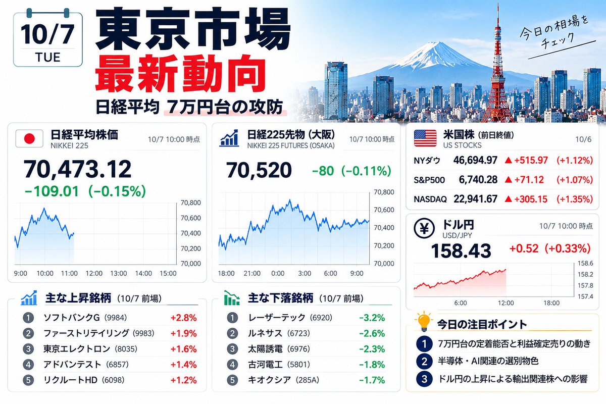 oor_109699's tweet photo. 【10/7 東京市場｜7万円台の攻防】
日経平均は70,582円でスタート。10時時点では70,473円前後とやや利益確定売りが優勢です。前日に7万円台を回復しただけに、高値警戒感も意識されています。ザイFX！
米NASDAQは最高値を更新しましたが、東京市場では半導体・AI関連に選別色。東エレク、アドバンテストなどが指数の重しとなる一方、ファストリやSBGは下支えしています。株探
ドル円は158.4円台まで円安が進行。トレーダーズ・ウェブ
今日は指数だけではなく、「7万円台でどこに資金が移るのか」をチェック。
Bull & Bear、両方の視点で見ていきます。
#日本株 #日経平均 #米国株 #FX #半導体
