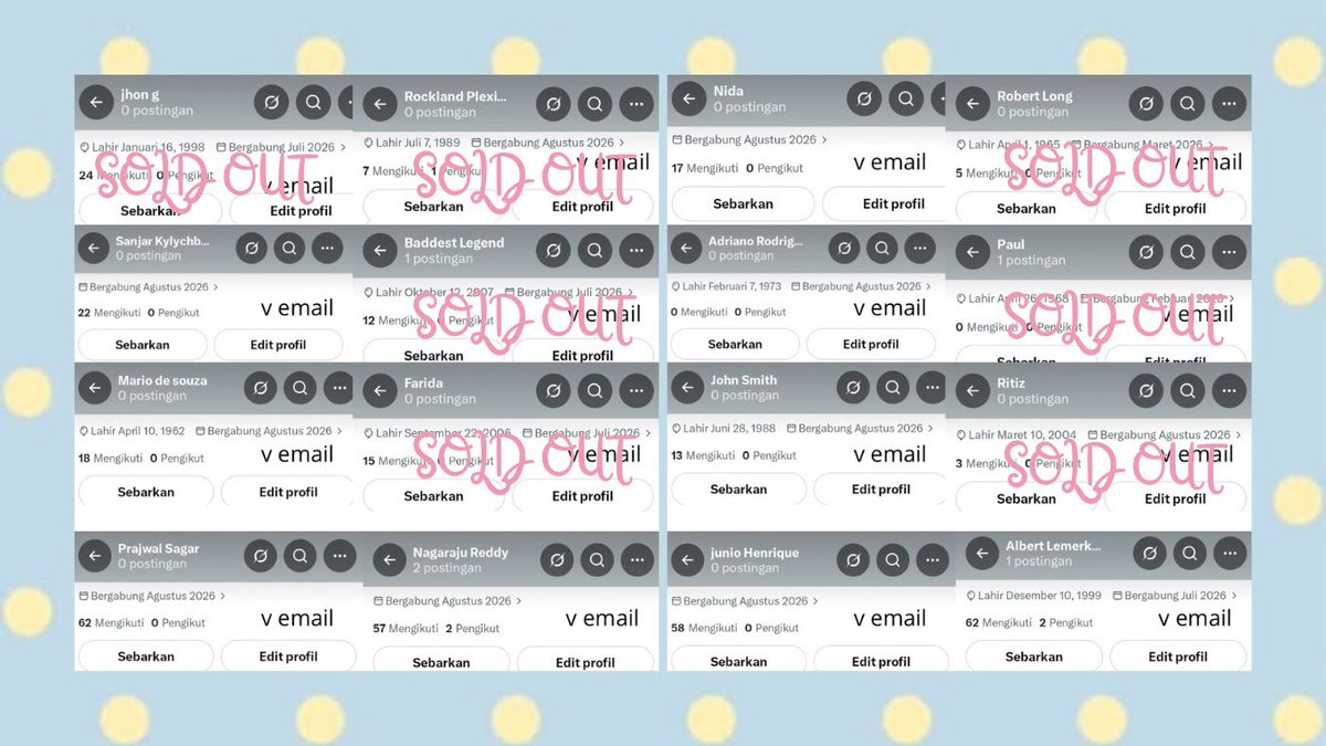 tinyblorms's tweet photo. @oatelatte ridiiiiw banyaksss

‘⅋── harga kosongan &amp; inact :

𔘓 v-email tahun 26 : 10k
𔘓 v-email tahun lama : 15k
𔘓 verif all tahun 26 : 14k

𐙚 contact ke sini yaa : ☎️ https://t.co/hJVdmTrRcz https://t.co/yjpGdoJUEp