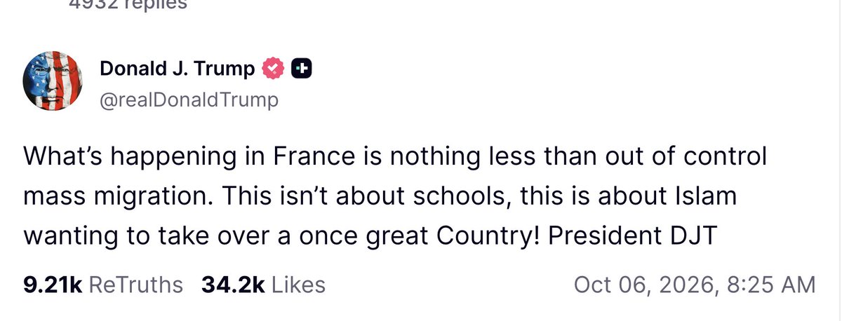 AmyMek's tweet photo. President Trump - you are right! 

What’s happening in France is nothing less than out-of-control mass migration, and it is about Islam wanting to take over a once-great country.

But America cannot keep speaking boldly about Europe while waiting for the same recognition at home.

France is being ravaged. So is the United States.

This is not just Michigan. Not just Minnesota. Not just the blue states.

Two of the reddest states in the nation - Florida and Texas - are under non-stop pressure. Islamic networks are advancing through school boards, city councils, and institutions, and Americans there and all across the country are asking for help.

That is why Texas Congressmen Chip Roy and Keith Self started the Sharia Free Caucus - as a response to Americans begging for leadership.

I would be more than happy to brief anyone in your administration on more than 15 years of daily documentation of the Islamization of America - the mosques, the Brotherhood and other Islamic networks, the conversions inside our institutions, the parallel societies being built in plain sight.

I was also one of the very first people to support your campaign when you rode down the escalator at Trump Tower on June 16, 2015. I was endlessly attacked for supporting you - and for exposing the Islamization of America.

The hour is late. We need leadership.

Can we at least BEGIN with banning Council on American-Islamic Relations (CAIR).

Texas and Florida have already designated CAIR and the Muslim Brotherhood as terrorist organizations under state law. But without federal action, there are limits to what individual states can accomplish.

And CAIR knows it.

This is the same CAIR that has repeatedly taken its opponents into court. Even our mutual friend Laura Loomer can not publicly comment about CAIR. 

Think about that.

Two of America’s largest states have moved against CAIR, yet there is still no federal terrorist designation.

Mr. President, we need your help and your leadership - before what you correctly named in France becomes irreversible here.

The time for talking only about Europe is over.

America is not watching this battle from across the Atlantic.

We are Islam's biggest target and prize.