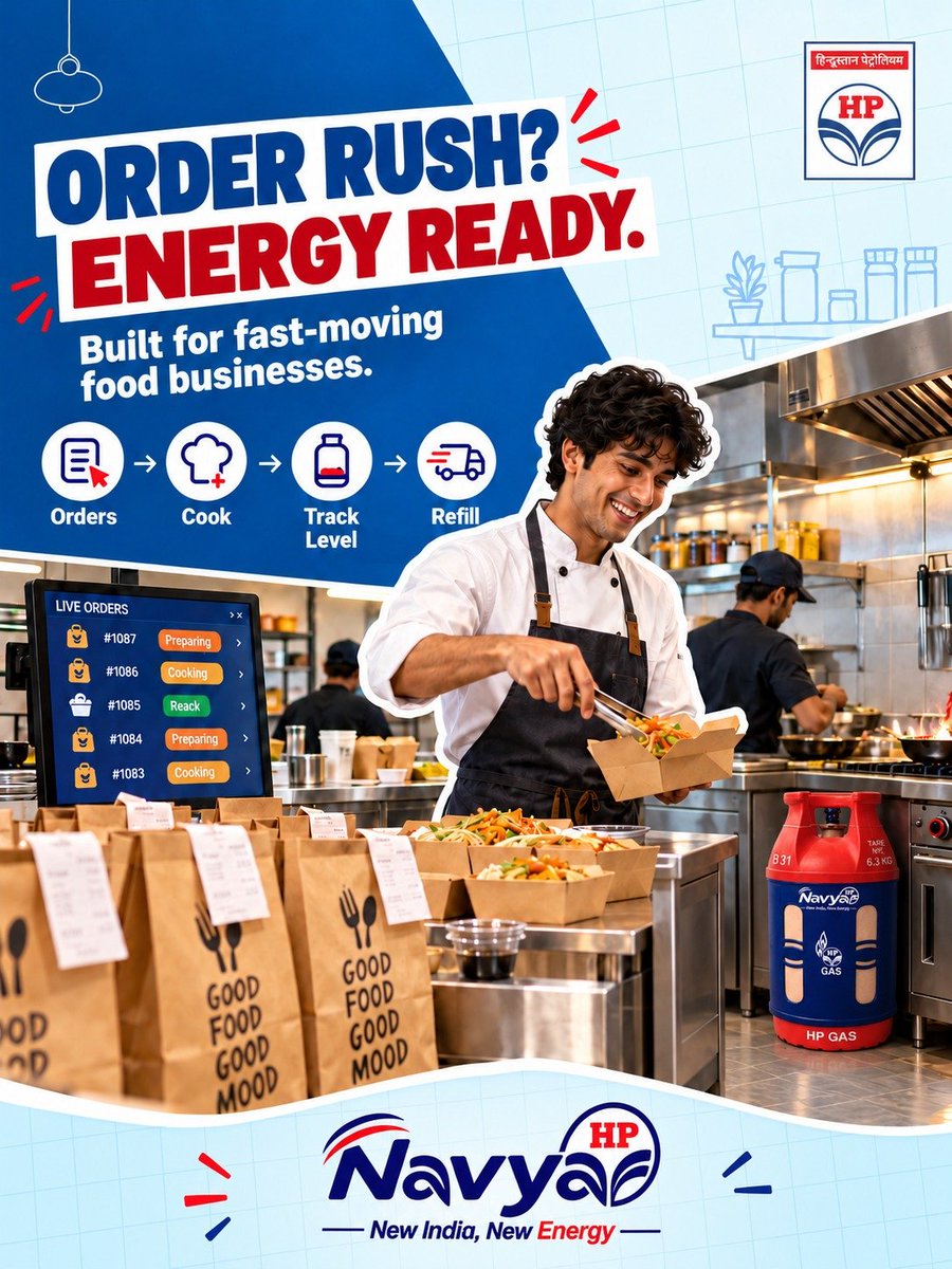 ganeshkarwar's tweet photo. ⚡ ORDER RUSH? ENERGY READY. 🍽️
When orders move fast, your kitchen needs energy that keeps up. HP Navya is built for fast-moving food businesses—helping kitchens cook, track LPG levels and plan refills with greater ease.
From the first order to the final plate, stay ready https://t.co/ipn46W7JHw
