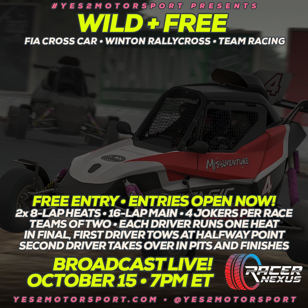 yes2motorsport's tweet photo. NEXT WEEK: #CrossCarWorldTrophy is back with a return to the regular format at #iRacing Winton RX:
• 2-driver teams, 1 heat per driver
• 16-lap final with a mandatory driver change at midway
It's #rallycross like you've never raced it before!
SIGN UP: https://t.co/QjpNqsMbvr https://t.co/UYHveReFhi