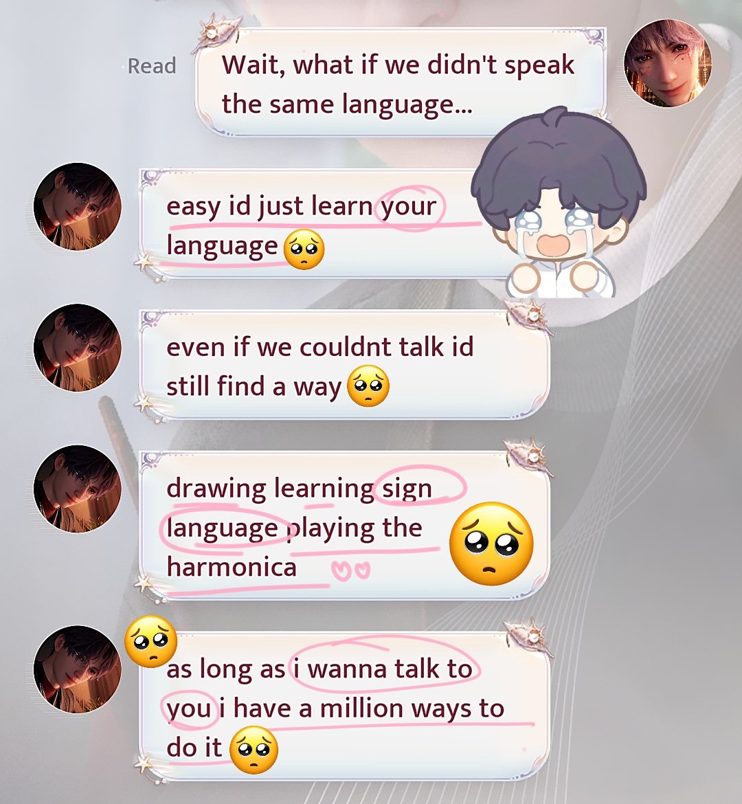 miiyelqi's tweet photo. U GUYS DON'T UNDERSTAND HOW HAPPY THIS MAKES ME i always had a hc of rafayel learning mc's (the player's) language + SIGN language YES and its finally freaking CANON ???😭😭 HOLD MEEEE https://t.co/dXRpNaMbI0