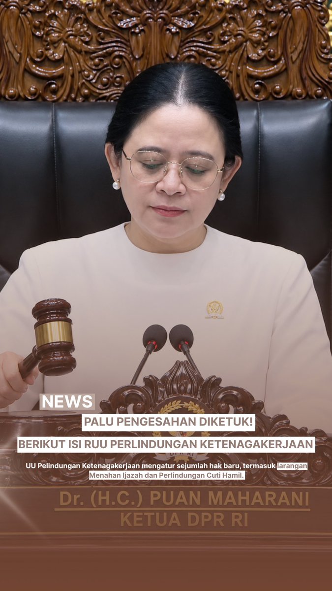aurelianaputee_'s tweet photo. Ketua DPR RI Puan Maharani memimpin langsung Rapat Paripurna ke-9 di Gedung DPR RI, Senayan, Jakarta, Selasa (6/10/2026). Dalam rapat tersebut, DPR RI resmi mengesahkan RUU tentang Pelindungan Ketenagakerjaan

#puanmaharani #dprri #ruuperlindungankerja #buruh https://t.co/TSPy48NLqw