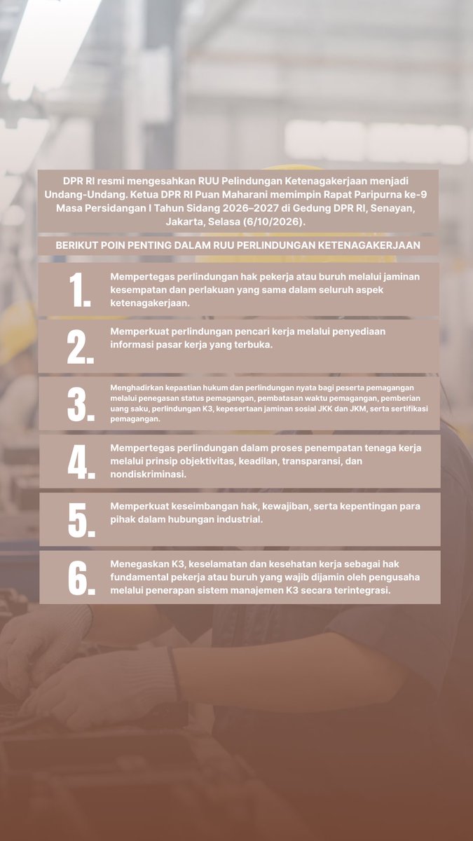 aurelianaputee_'s tweet photo. Ketua DPR RI Puan Maharani memimpin langsung Rapat Paripurna ke-9 di Gedung DPR RI, Senayan, Jakarta, Selasa (6/10/2026). Dalam rapat tersebut, DPR RI resmi mengesahkan RUU tentang Pelindungan Ketenagakerjaan

#puanmaharani #dprri #ruuperlindungankerja #buruh https://t.co/TSPy48NLqw