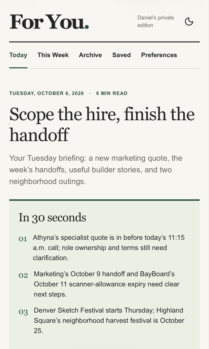 dan_mallatt's tweet photo. My twist on the morning brief: I had my dot build a private “For You” newsletter site. It combines updates on our businesses and projects, results from my scheduled routines, my calendar, local events, and positive/good news stories.

Fresh editions on weekdays, a weekly recap on Saturdays, and a link delivered before I wake up. Part personal newspaper, part running update on what we’re working on and what needs my attention.