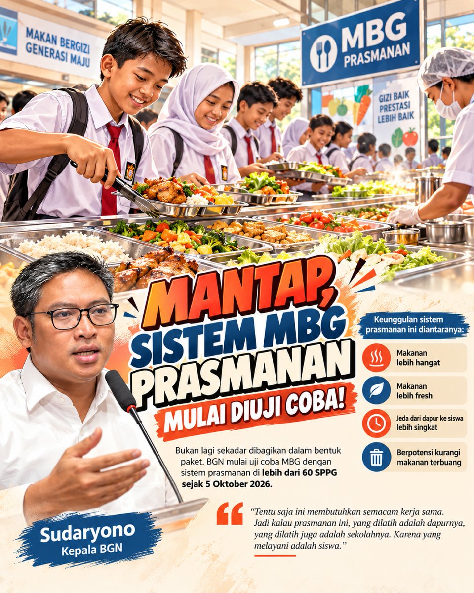 adinda39129's tweet photo. BGN mulai uji coba sistem prasmanan MBG di 60 lebih SPPG sejak 5 Oktober 2026 biar makanan makin hangat.
#jagaindonesia #makanbergizigratis #bgni #inovasi #sekolahsehat https://t.co/TMctNPWYSB