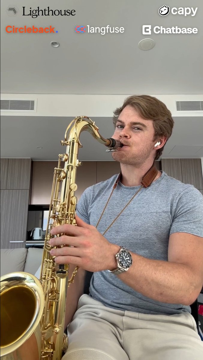 A young man playing a saxophone indoors, with logos for Lighthouse, Capy, Circleback, Langfuse, and Chatbase overlaid at the top.