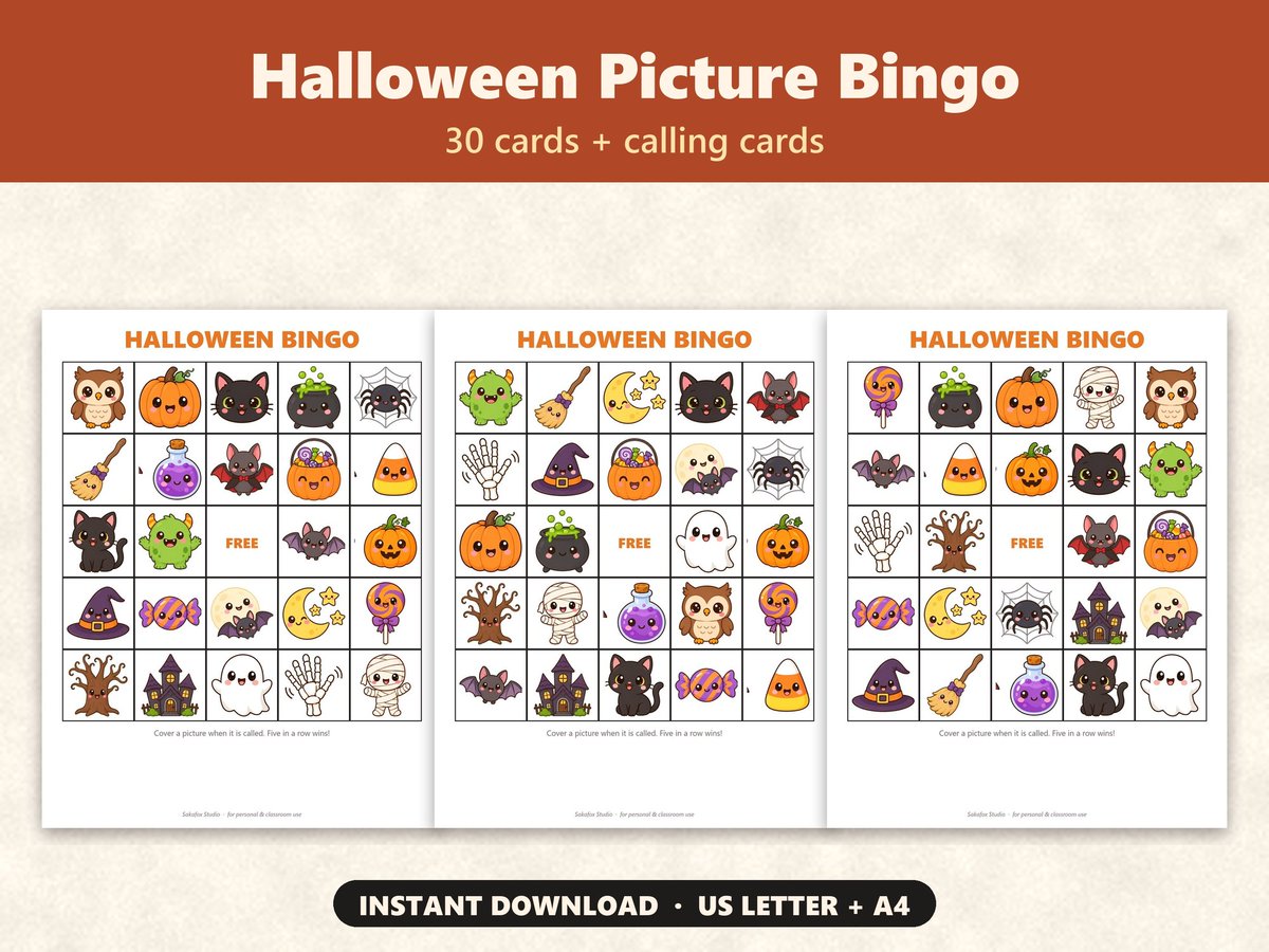 sakakitsune's tweet photo. Picture bingo for the class Halloween party 👻 30 different cards + calling cards, no reading needed.

https://t.co/s0ktg83r7p

#HalloweenBingo #ClassParty #KidsGames https://t.co/s70BKdF690