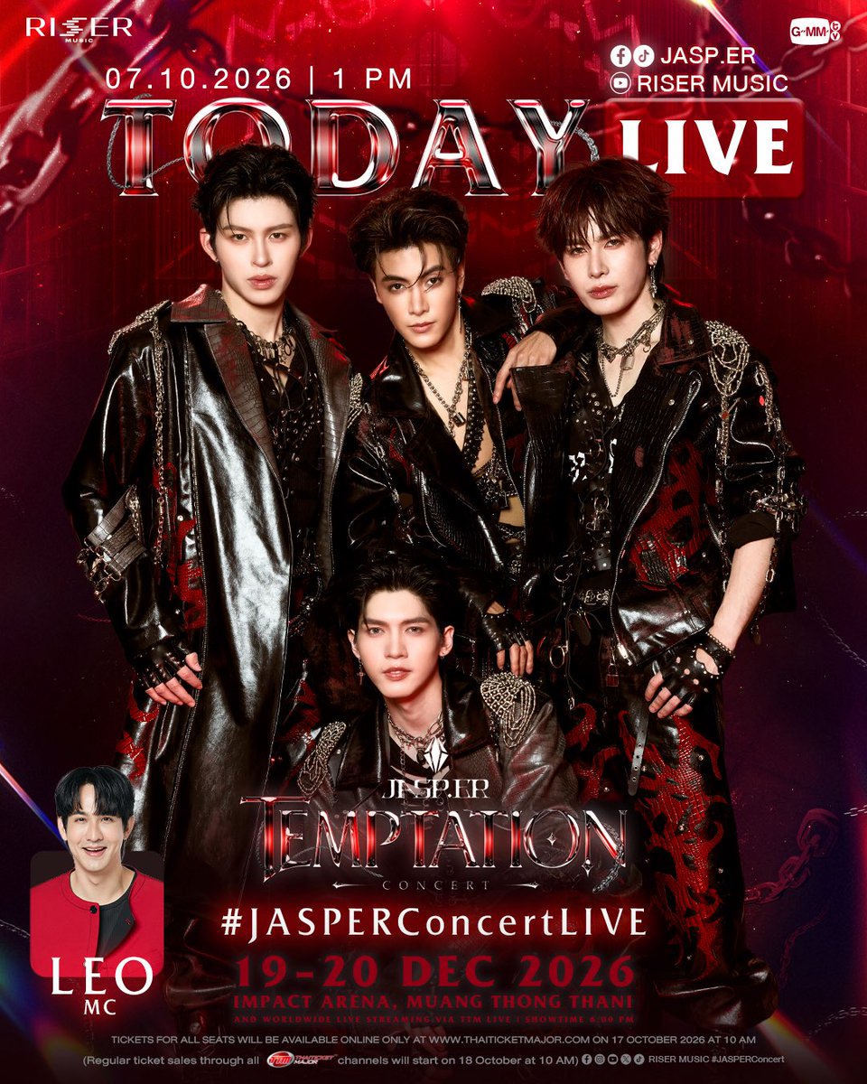 JASP_ERofficial's tweet photo. TODAY LIVE | #JASPERConcert
วันนี้พบกับ “https://t.co/Z4m55oMiXN” ที่จะมาพูดคุย และเตรียมความพร้อมก่อนกดบัตรในงาน ‘https://t.co/Z4m55oMiXN TEMPTATION CONCERT’ ⛓️❤️‍🔥 ฝากรอติดตามกันด้วยนะครับ

📌 7 OCT 2026 | 1 PM
ทาง YouTube : RISER MUSIC | Facebook/ TikTok : https://t.co/Z4m55oMiXN

🗓️19-20 DECEMBER 2026
📍Impact Arena, Muang Thong Thani
And worldwide live streaming via TTM LIVE

TICKETS FOR ALL SEATS WILL BE AVAILABLE ONLINE ONLY
AT THAITICKETMAJOR
ON 17 OCTOBER AT 10 AM
(Regular ticket sales through all ThaiTicketMajor channels will start on 18 OCTOBER AT 10 AM)

🔗 MORE INFO : https://t.co/CeOZRKEymd

#JASPER
#RISERMUSIC
#GMMTV
