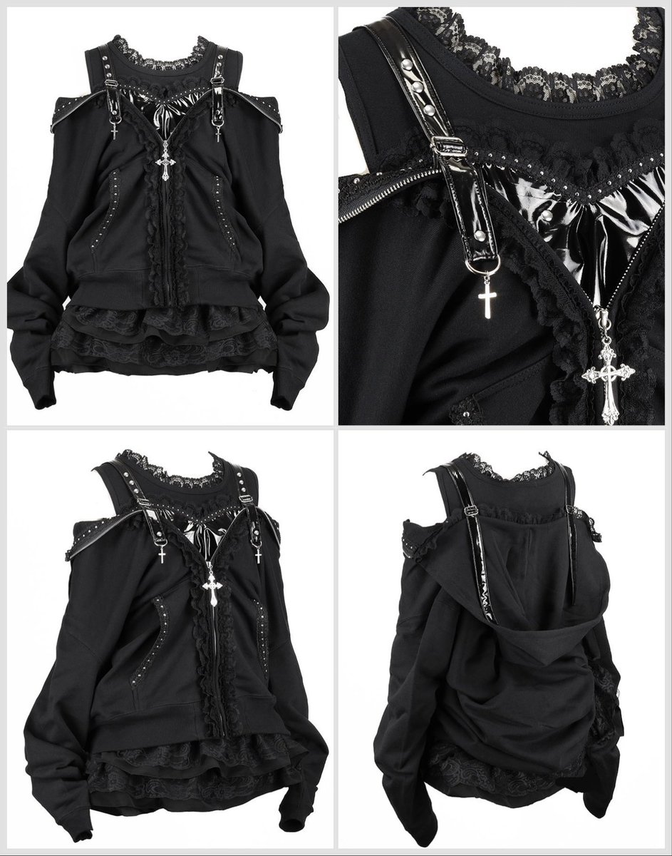 antigones_majoh's tweet photo. ENAMEL STUDS OFF-SHOULDER HEART DRESS PARKA 🖤⛓️💥

本日、ブラック再入荷🖤✝️🖤

艶めくエナメルストラップ、クロスチャーム、レースの重なりが
甘さと反逆をひとつに溶かす。

ジッパーを開ければ、エナメルハートが姿を現す
危うくて、美しい🖤🖤🖤 https://t.co/04a6FUfAiJ