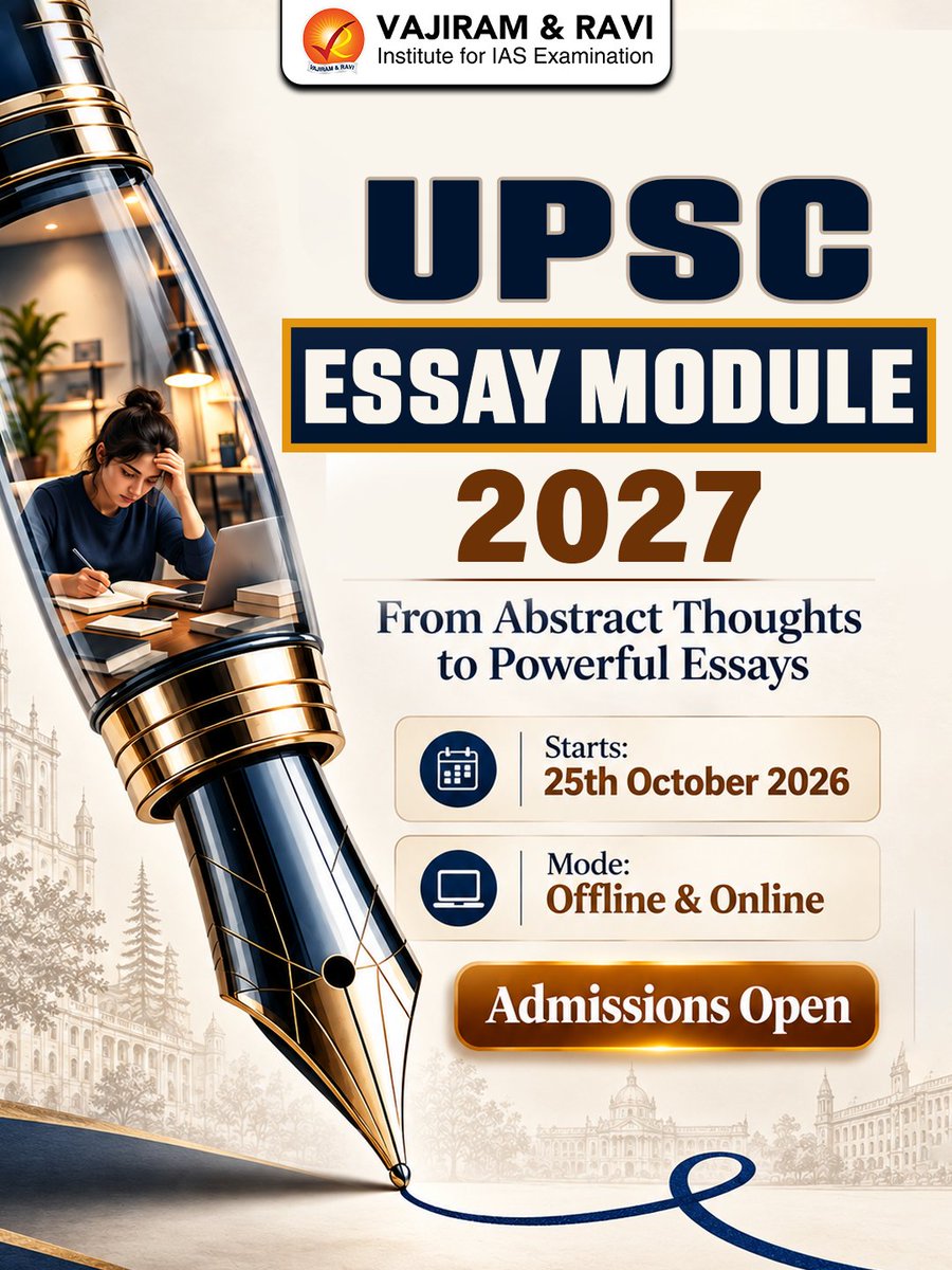 VajiramRavi's tweet photo. UPSC Essay Module 2027 | Vajiram and Ravi
👉 To Know More: https://t.co/180nbV9S1y
📞 For more details, contact us at: 080-6220-6330
#UPSC2027 #UPSCMains #UPSCEssay #EssayWriting #EssayModule #CivilServices #VajiramAndRavi https://t.co/6CBUbiPUVJ