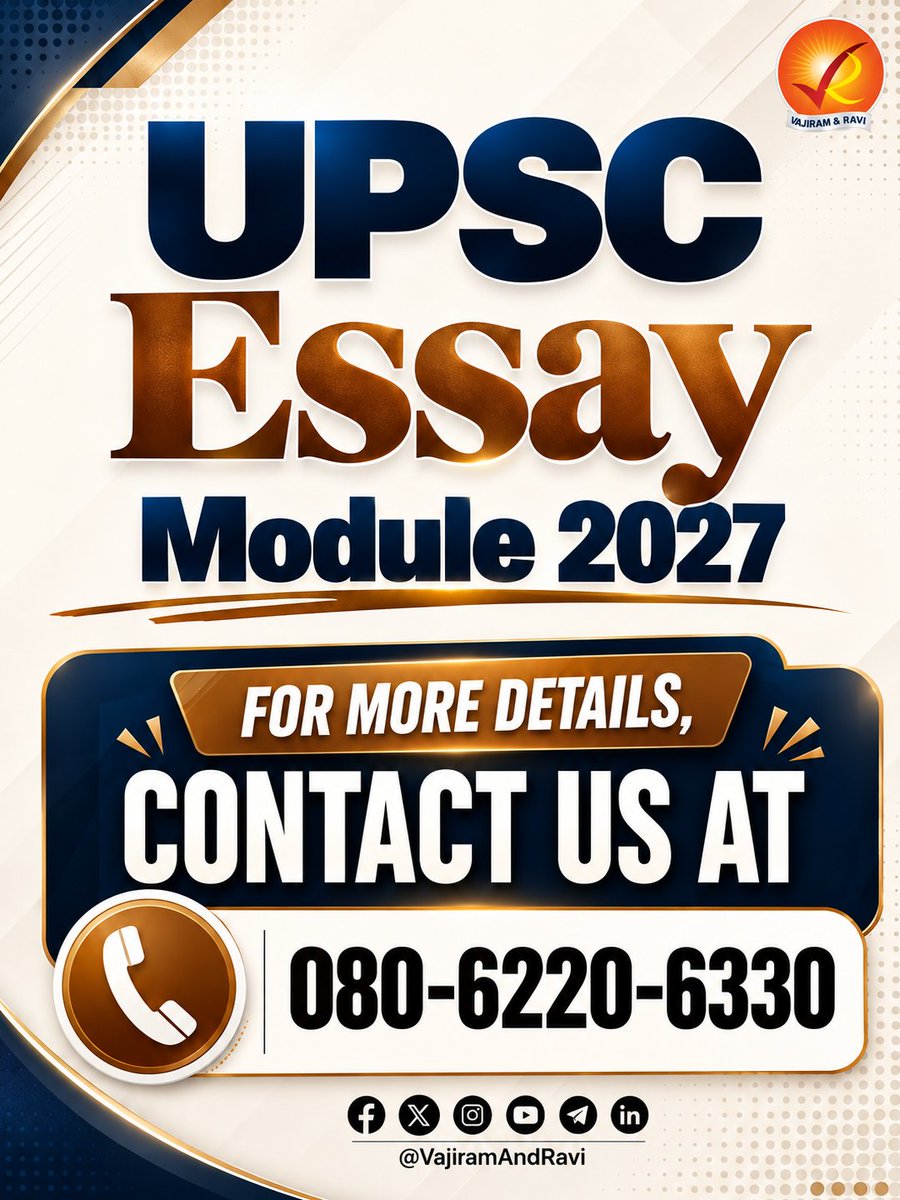 VajiramRavi's tweet photo. UPSC Essay Module 2027 | Vajiram and Ravi
👉 To Know More: https://t.co/180nbV9S1y
📞 For more details, contact us at: 080-6220-6330
#UPSC2027 #UPSCMains #UPSCEssay #EssayWriting #EssayModule #CivilServices #VajiramAndRavi https://t.co/6CBUbiPUVJ