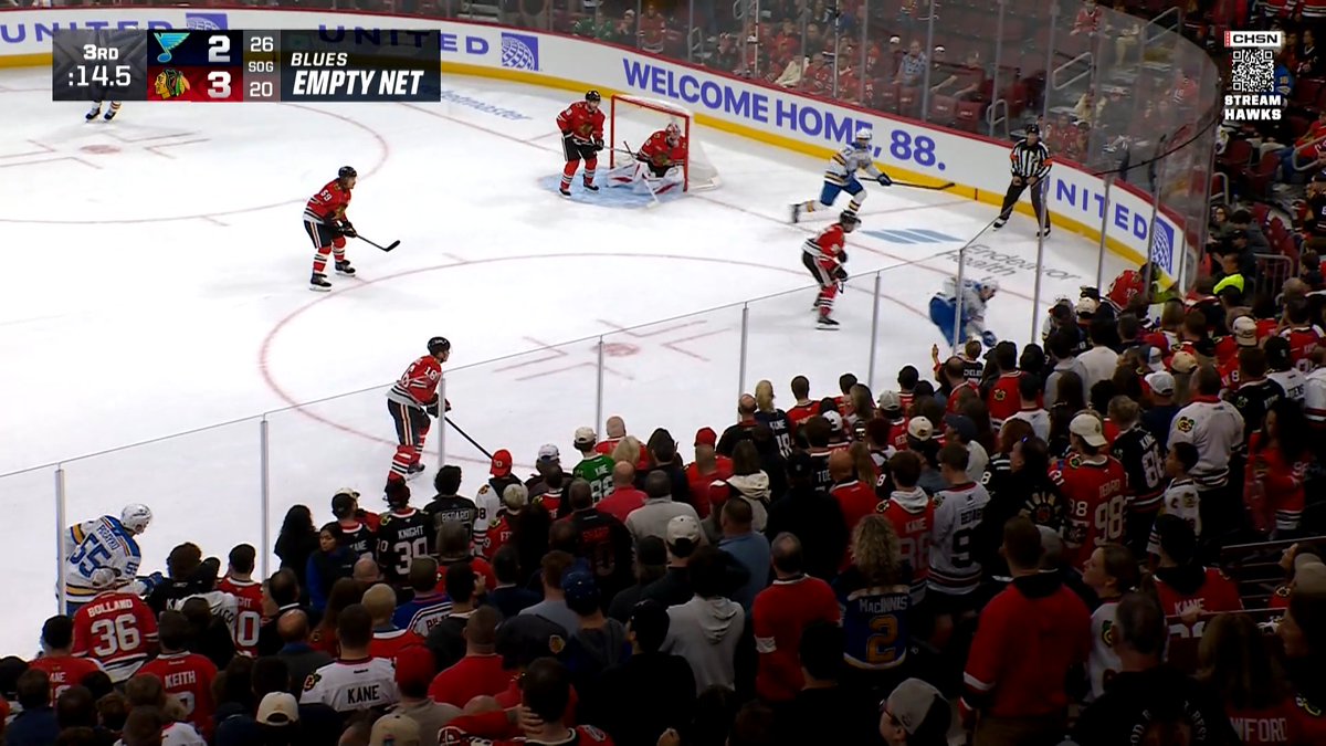 With the Blues pulling their goalie and trailing the Blackhawks 3-2 with just 14.5 seconds left in the 3rd period, the home crowd is on its feet anticipating an "icing on the cake" victory at the United Center.