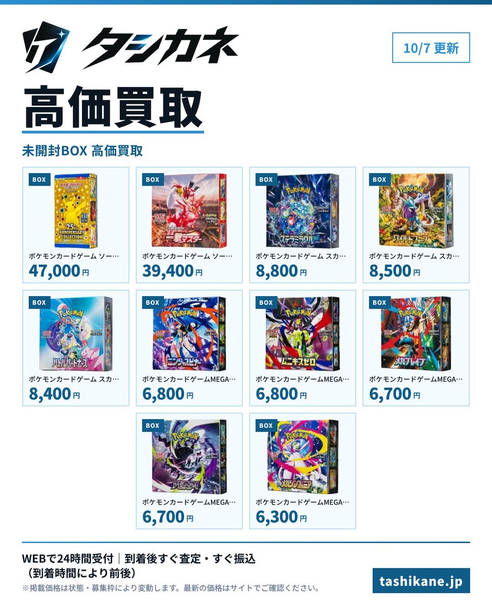 tashikane's tweet photo. 【ポケカ宅配買取】未開封BOXも買取表に出しています（10/7 更新）

未開封BOX 10件、PSA10 253件。価格と残り枠を全部公開しているので、送る前に金額が決まります。

◆BOXの買取価格
・ソード&シールド 拡張パック 25th アニバーサリー コレクション ボックス　47,000円
・ソード&シールド 拡張パック 一撃マスター ボックス　39,400円
・スカーレット&バイオレット 拡張パック「ステラミラクル」ボックス　8,800円
・スカーレット&バイオレット 拡張パック 「ワイルドフォース」 ボックス　8,500円

◆買取表に無いPSA10も1枚2,000円で買い取ります（まとめて送っていただけます）

BOXはシュリンク付き・未開封が条件です。開封跡やテープの貼り替えがある場合は、減額または返送のご相談になります。

◆オープン記念：買取額を10%上乗せ中（あと6日）

画像は一部です。全件の価格は買取表（プロフィールのリンク／この投稿への返信）でご覧ください。

#ポケカ買取 #ポケカ高価買取 #ポケモンカード #PSA10 #宅配買取