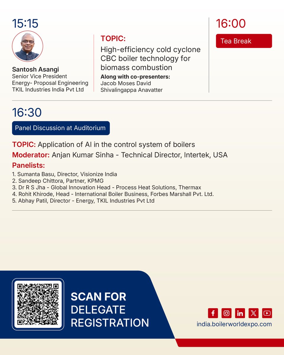 boilerworldexpo's tweet photo. Day 1 brings expert sessions on power plants, decarbonisation, biomass, electrification & AI in boiler control.
📅 8 Oct | 📍 CIDCO, Vashi, Navi Mumbai
Scan the QR Code to register as a delegate & join us!
#boilerindia #bi26 #boiler #manufacturing #sustainability https://t.co/uIfnghkRqi