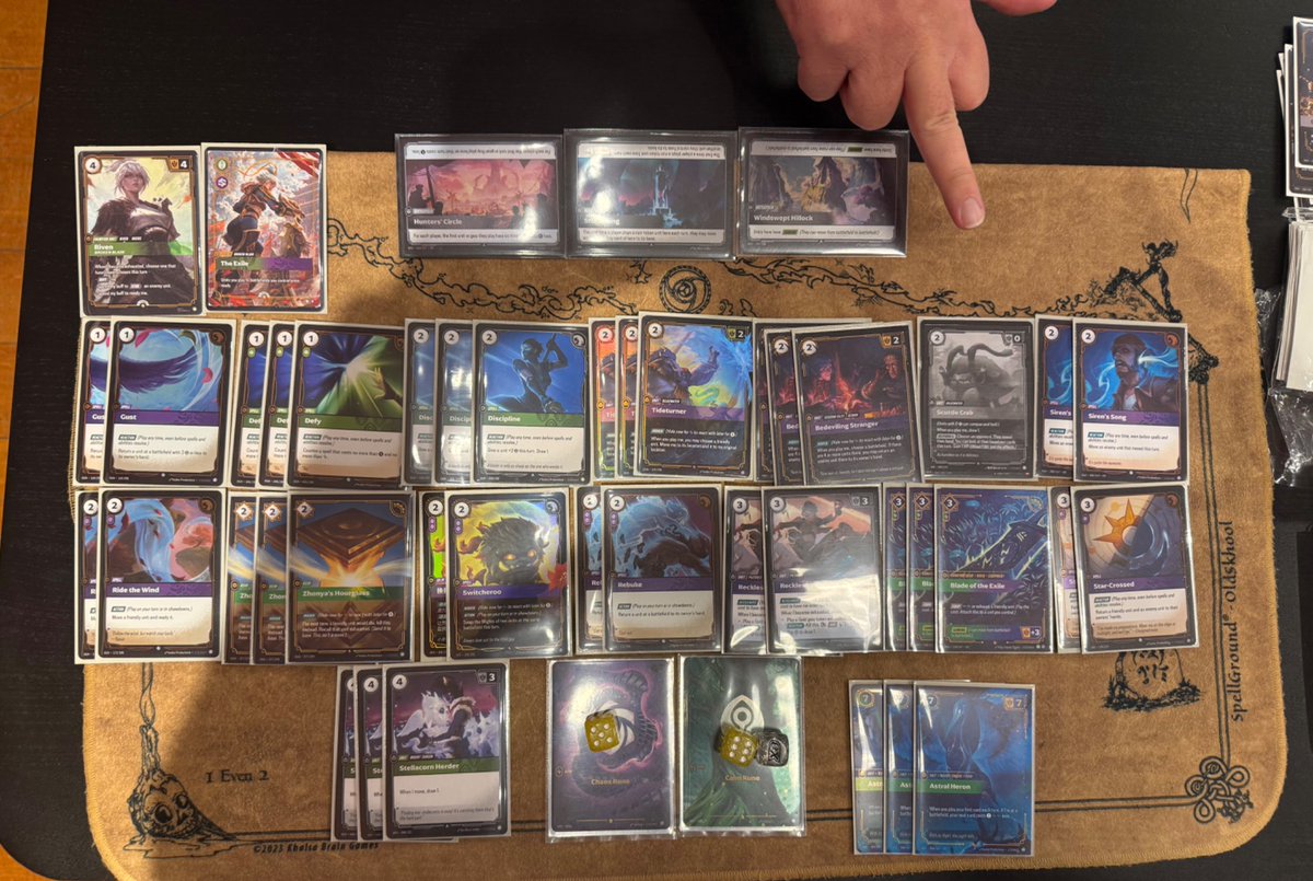 DogmaListens's tweet photo. 17-1 in testing games vs Kennen (never lost going second 7 times in a row)

new riven iteration has potential

T2 Riven on your T1 unit with a hidden Stranger is nasty. But do not get cute without Defy or Gust in hand. That Gust/Switcheroo crackback will dick you.

If they commit to it and you catch them with the answer it feels fucking free afterward.

I’ve liked having more bullshit purple goodstuff in the list and haven’t missed Sneaky. Also, Hunters’ Circle in the picture is a proxy for Valley of Idols.

Late game, Stranger under Heron +1 is nasty. Flip it for the bounce, Star-Crossed in the same turn, then just play Stranger again next turn.

Don’t forget that Stranger’s on-play lets you pick a battlefield. Stranger doesnt need to be at the battlefield you pick if you are playing it from hand. If they’re trying to hold a battlefield with 4+ total units, sometimes I’ll Gust my flipped Stranger and replay it to bounce one of theirs.

Song vs green deckd also gets to do some nice shit. If they move in and Charm you after the conquer, you can send their unit back to base or into a battlefield you’ve set up to kill it and score.

Charms aren’t necessarily free picks for them.
