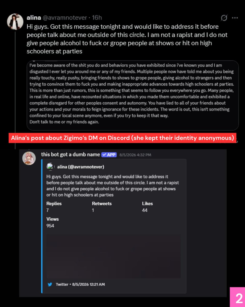 shyneoutkid's tweet photo. Alina's conversation with anonymous regarding their contact with Nik. No mentions of assault, rather she brags about it, wishes harm on individuals, and throws around derogatory insults

Please read all the notes, I color-coordinated them to help convey things easier https://t.co/B4aMHI91Ba