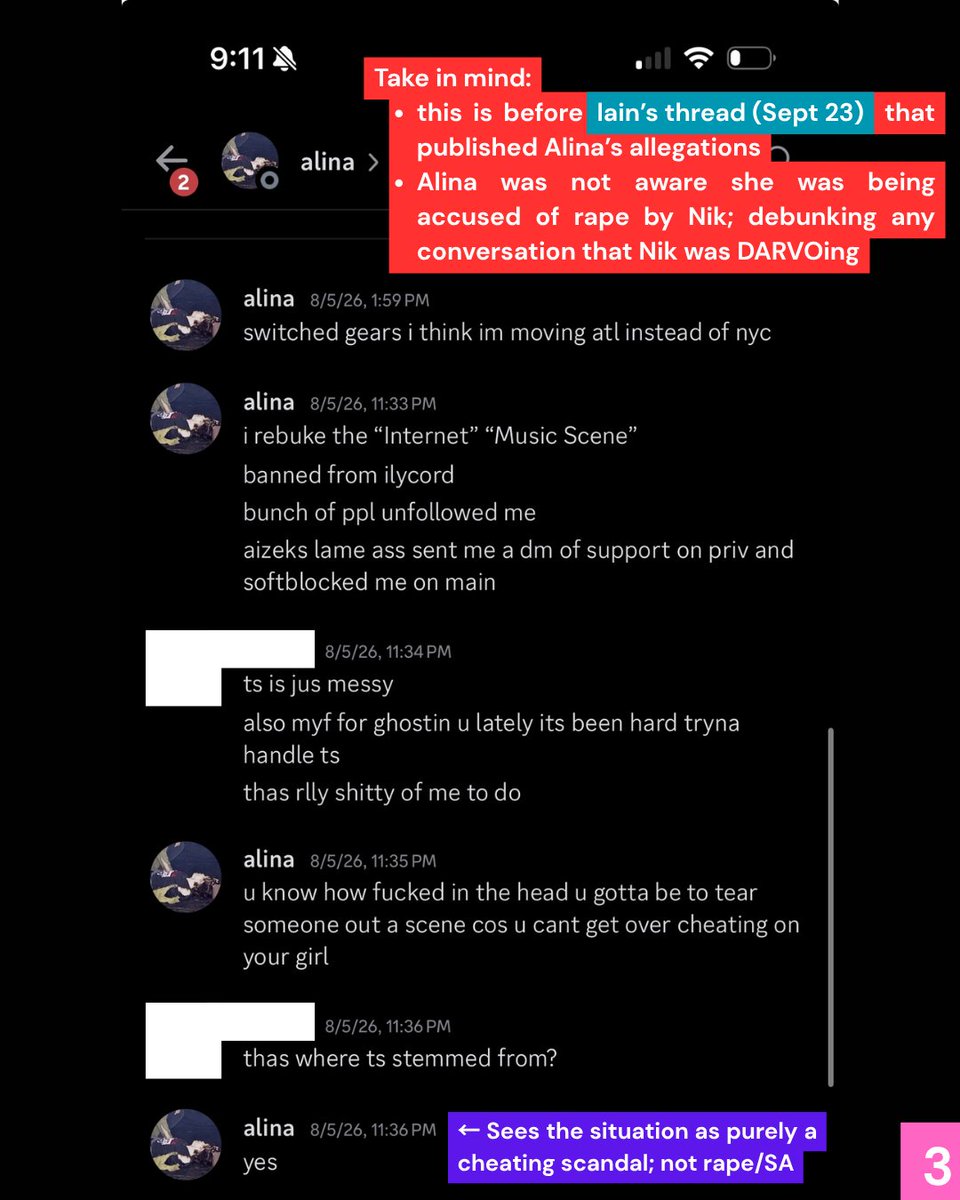 shyneoutkid's tweet photo. Alina's conversation with anonymous regarding their contact with Nik. No mentions of assault, rather she brags about it, wishes harm on individuals, and throws around derogatory insults

Please read all the notes, I color-coordinated them to help convey things easier https://t.co/B4aMHI91Ba
