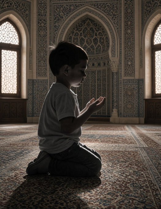 A young boy kneels on an ornate patterned carpet inside a mosque with intricately tiled walls and soft light streaming through arched windows, his palms raised in prayer.