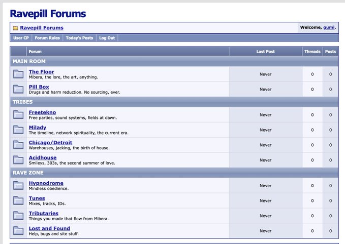 Screenshot of the 'Ravepill Forums' homepage showing categories like The Floor, Pill Box, Freetekno, Milady, Acidhouse, and Hypnodrome, all with 0 posts and 'Never' as the last post time, logged in as user 'gumi-'.