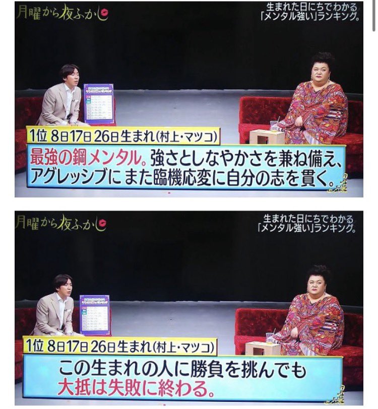 choco_chan111's tweet photo. 月曜から夜ふかしの  生まれた日占いメンタル強いランキングだってぇ😳😳   こういうのわたし食い気味で見ちゃうんだよなぁ。。ちなみにわたしはやっぱり豆腐メンタルでした😇 https://t.co/WCc0FCd1qz