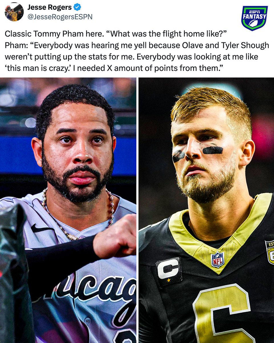 ESPNFantasy's tweet photo. White Sox OF Tommy Pham is sweating his fantasy football team in the middle of an MLB postseason run 😅 https://t.co/FLgAZWif4L