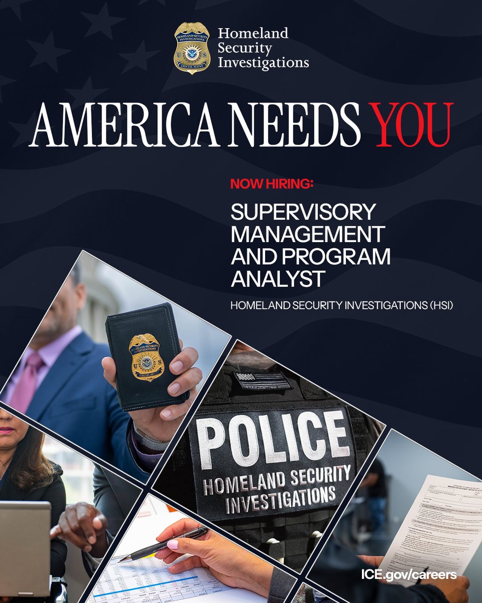 ICEgov's tweet photo. 🚩CURRENT EMPLOYEES &amp; GOVERNMENT EMPLOYEES IN TRANSITION

Act now to apply for our GS-14 Homeland Security Investigations Supervisory Management and Program Analyst position in Washington, D.C.!

⏰Closing Oct. 8!

💻Get details on our website and apply online today. https://t.co/mKyi1pkSr6