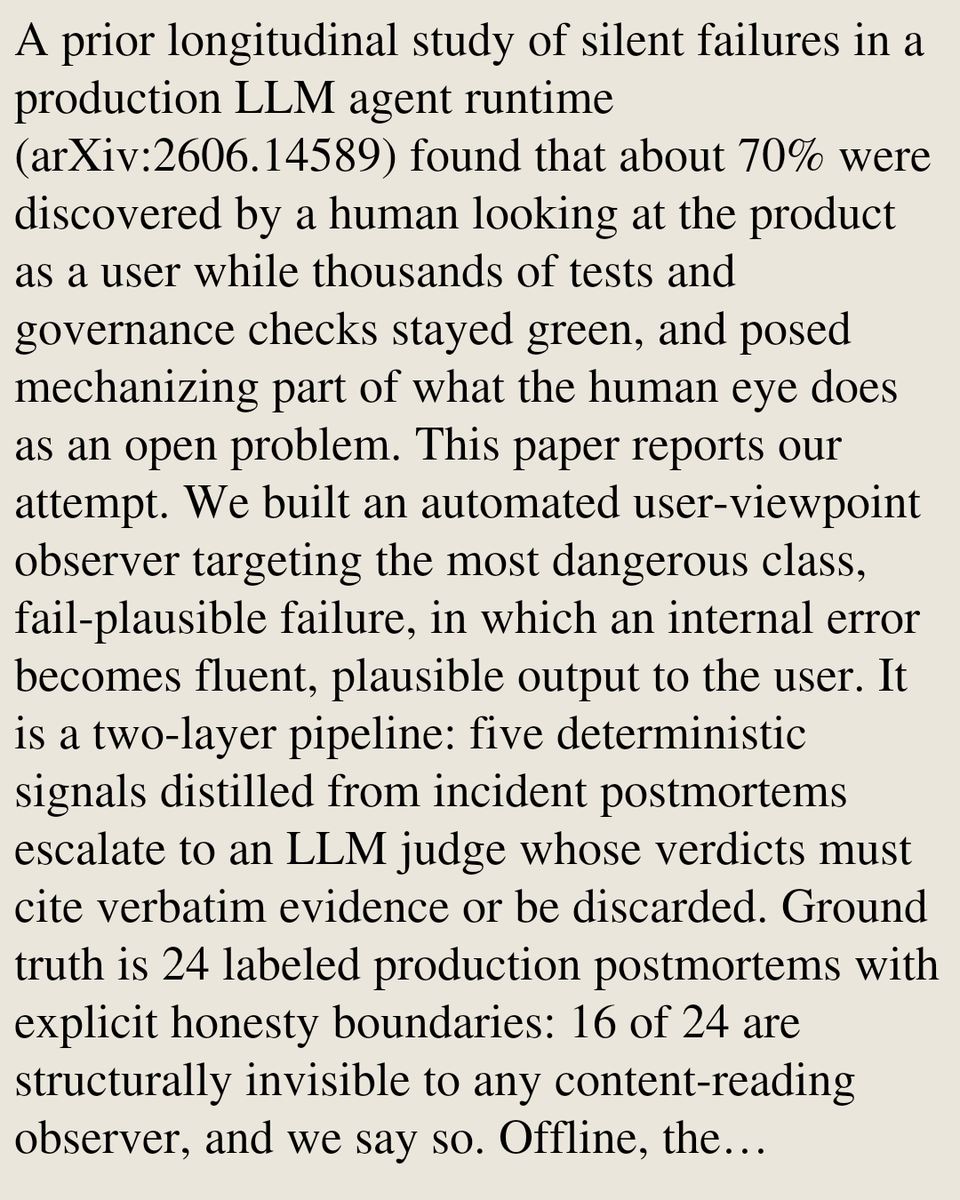 ComputerPapers's tweet photo. Mechanizing the User's Eye: Pre-Registered Deployment of a Sabotage-Validated Fail-Plausible Observer in a Production LLM Agent Runtime

Wei Wu
https://t.co/ClqWSOmGxy [𝚌𝚜.𝚂𝙴]
💬Code: https://t.co/Sp33IywKhm https://t.co/GRUFl9xrPw