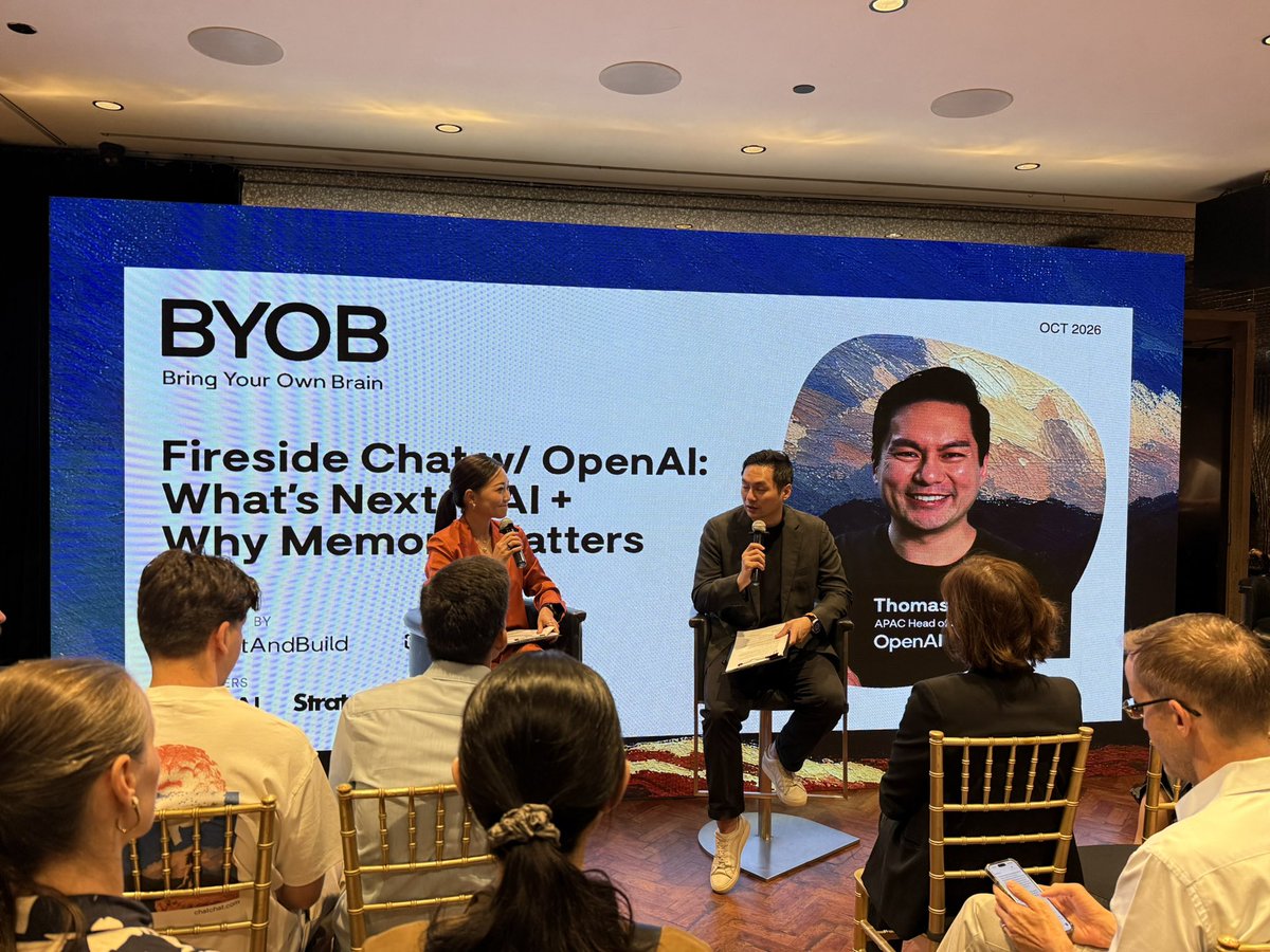 chatandbuild's tweet photo. @OpenAI takes the stage at Bring Your Own Brain with ChatAndBuild.
Thomas Jeng, APAC Head of Startups at OpenAI and founder Christel Buchanan on what's next in AI and why memory matters.
#BringYourOwnBrain #LivingBrain https://t.co/bgdyNRAGdm