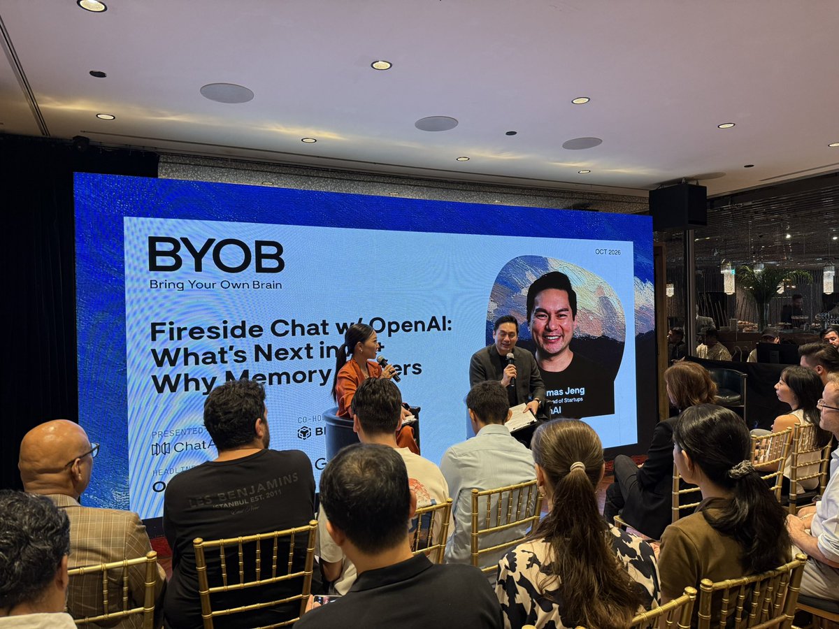 chatandbuild's tweet photo. @OpenAI takes the stage at Bring Your Own Brain with ChatAndBuild.
Thomas Jeng, APAC Head of Startups at OpenAI and founder Christel Buchanan on what's next in AI and why memory matters.
#BringYourOwnBrain #LivingBrain https://t.co/bgdyNRAGdm