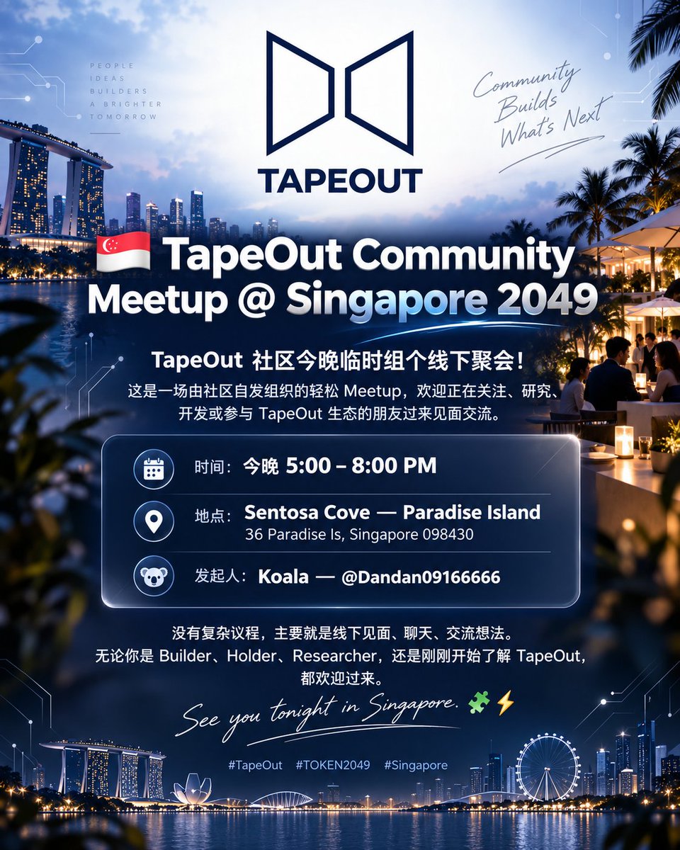 BruceBlue's tweet photo. 🇸🇬 TapeOut Community Meetup @ Singapore 2049

TapeOut 社区今晚临时组个线下聚会！

这是一场由社区自发组织的轻松 Meetup，欢迎正在关注、研究、开发或参与 TapeOut 生态的朋友过来见面交流。

📅 时间：今晚 5:00–8:00 PM
📍 地点：Sentosa Cove — Paradise Island
36 Paradise Is, Singapore 098430
🐨 发起人：社区 Dev Koala — @Dandan09166666

没有复杂议程，主要就是线下见面、聊天、交流想法。

无论你是 Builder、Holder、Researcher，还是刚刚开始了解 TapeOut，都欢迎过来。

See you tonight in Singapore. 🧩⚡️

#TapeOut #TOKEN2049 #Singapore @TapeOutWorld