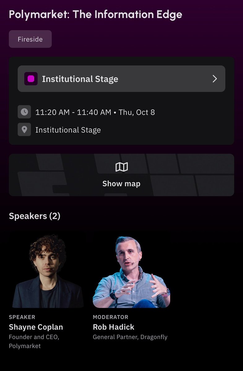 StuPredicts's tweet photo. @Maximilian_evm @VitaVaDiper @shayne_coplan @balajis @token2049 It’s on a slightly smaller stage (the Institutional), but public!

If there was an announcement to make, I would have guessed it would have made sense to do it on the main stage, but we’ll see 👀 https://t.co/yJCGxZcmss