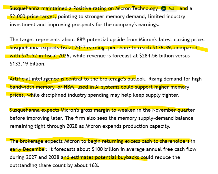 Tickertalk1's tweet photo. $MU $1,045.56  -18.40 ( -1.73%)

One well-known analyst sees $MU nearly doubling from here. 

Susquehanna maintained its positive rating on $MU and a $2,000 price target.

If $MU continues to execute, the upside could be huge as memory demand is needed in everything AI!

Stay calm and stay patient. Must be long term here. 
The big money is in the waiting. Never give up!