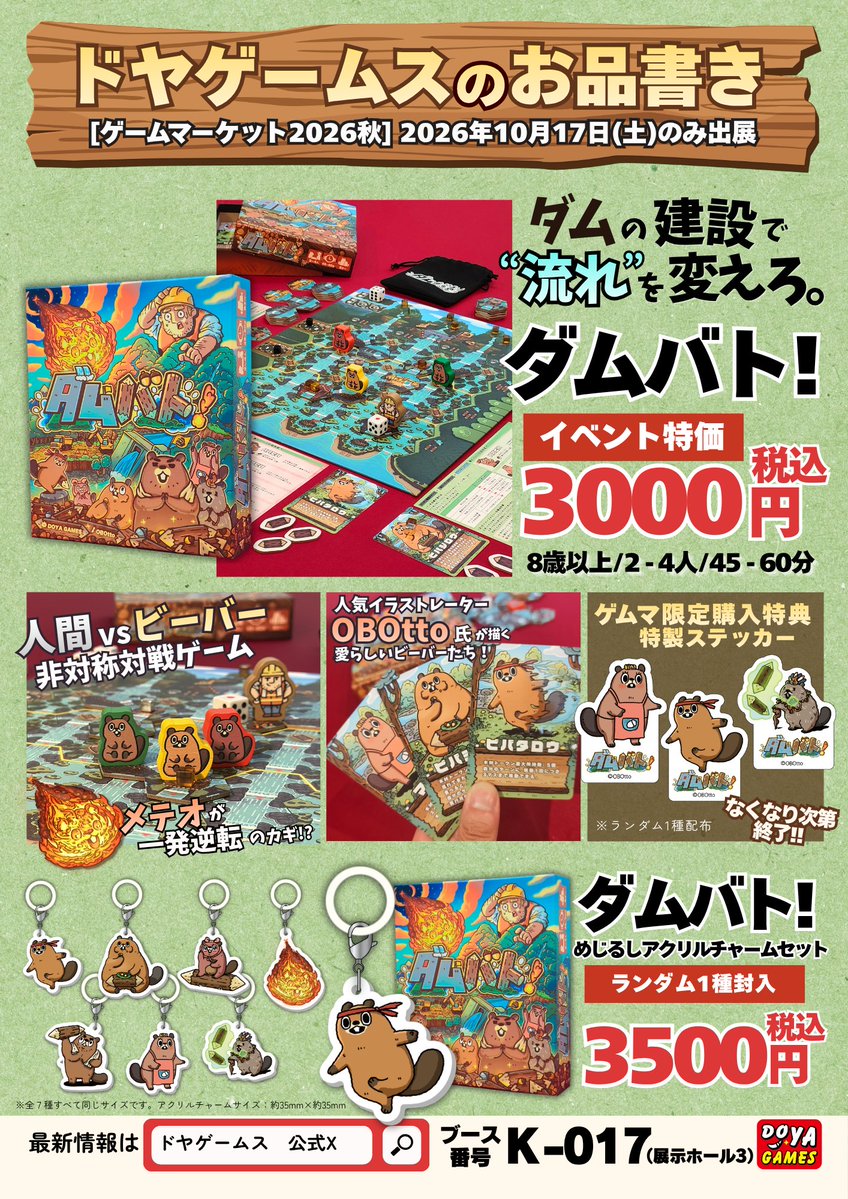 GamesDoya's tweet photo. 大変ありがたいことに…！
新作のボードゲーム『ダムバト！』
#ゲームマーケット2026秋 での予約数が100件突破しました😭😭😭

このままのペースですと予約を早く締め切る可能性もありますので、早めのご予約をおすすめします
https://t.co/nw3E1DaFo4

【こんな人におすすめ！】
🦫 ビーバーや動物モチーフが好き！
🧩 タイル配置や、盤面を組み立てるパズルが好き！
⚔️ 相手の動きを読んで戦う、非対称対戦ゲームが好き！